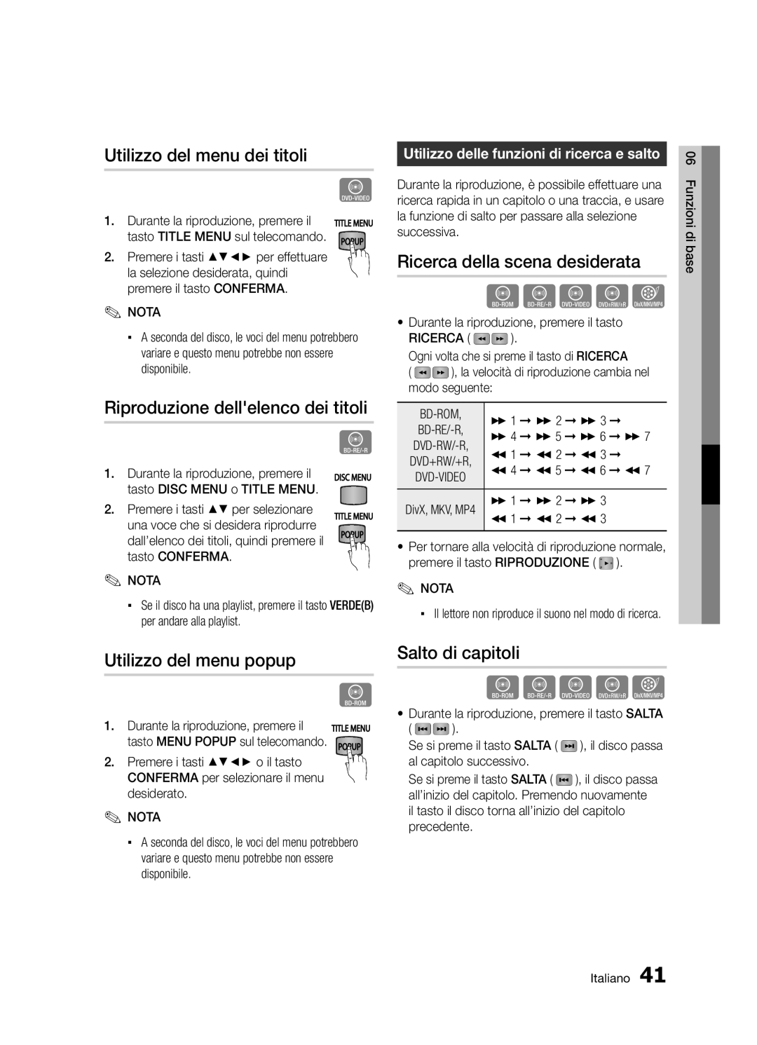 Samsung BD-D5300/ZF manual Utilizzo del menu dei titoli, Riproduzione dellelenco dei titoli, Ricerca della scena desiderata 