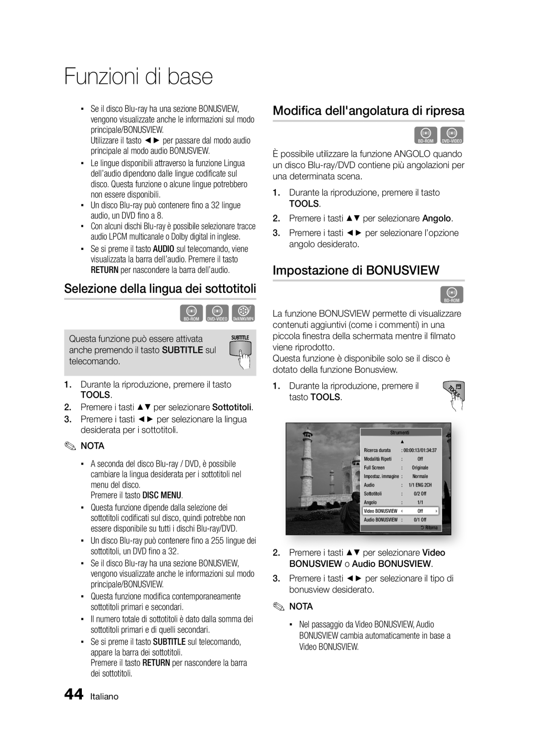 Samsung BD-D5300/ZF Selezione della lingua dei sottotitoli, Modifica dellangolatura di ripresa, Impostazione di Bonusview 