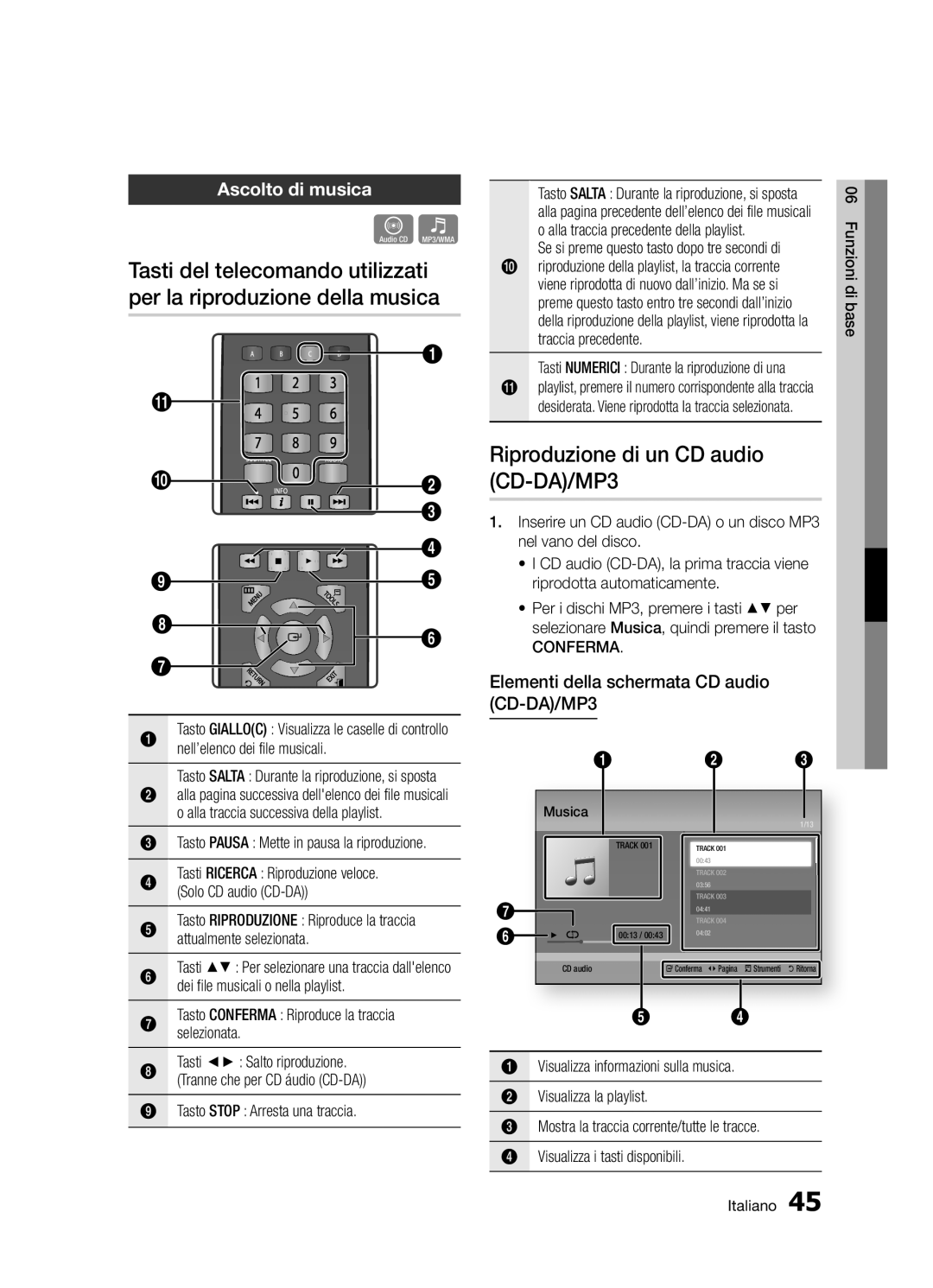 Samsung BD-D5300/ZF manual Tasti del telecomando utilizzati, Per la riproduzione della musica, Ascolto di musica 