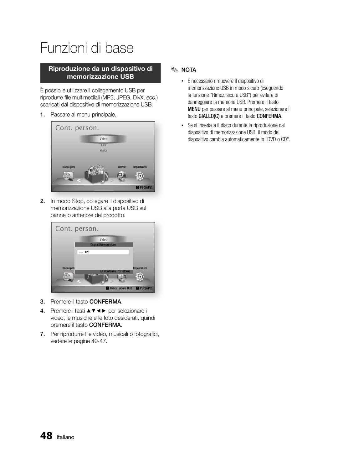 Samsung BD-D5300/ZF manual Riproduzione da un dispositivo di Memorizzazione USB, Passare al menu principale 