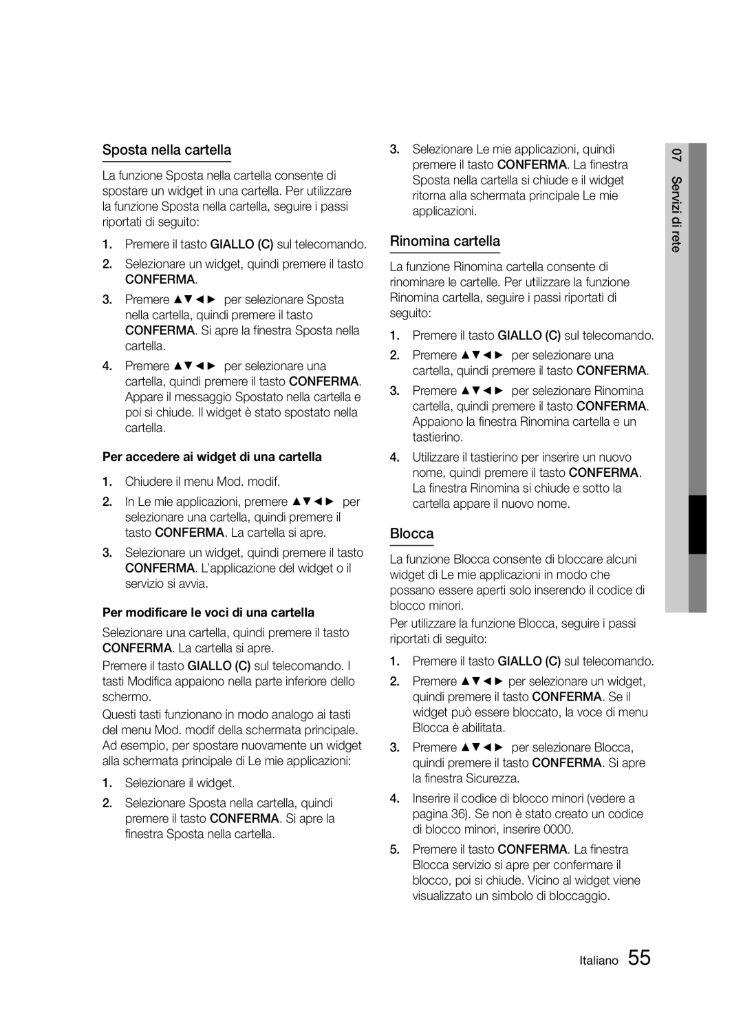 Samsung BD-D5300/ZF manual Sposta nella cartella, Rinomina cartella, Blocca, Per accedere ai widget di una cartella 