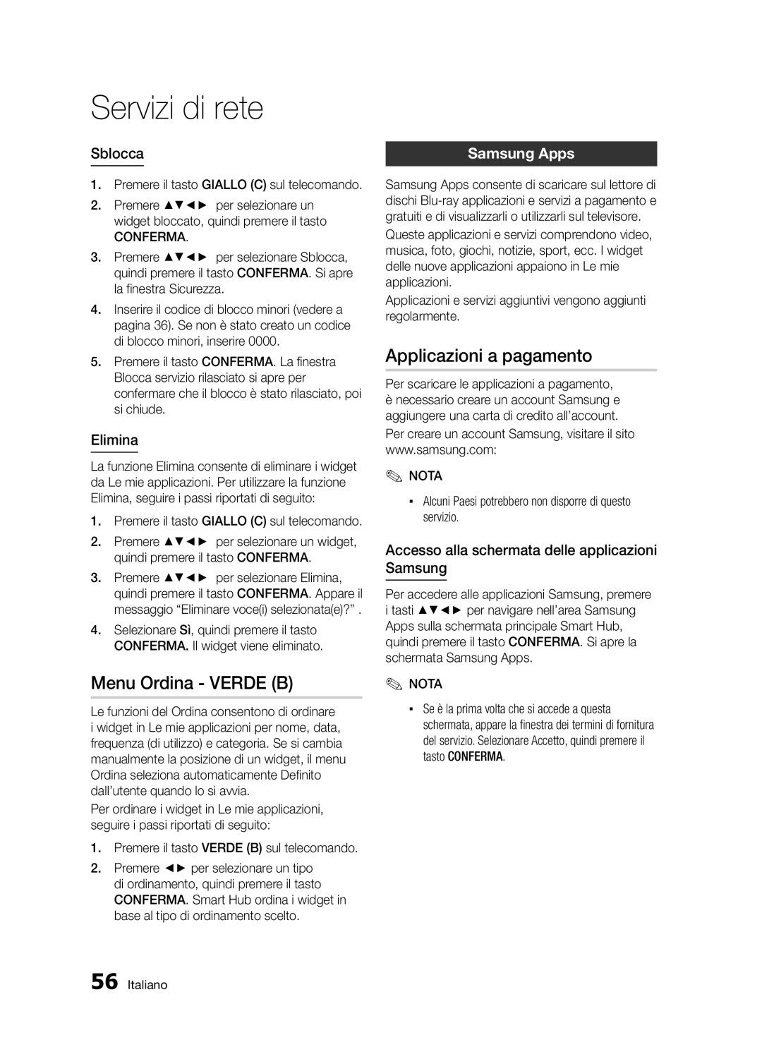 Samsung BD-D5300/ZF manual Menu Ordina Verde B, Applicazioni a pagamento, Sblocca, Elimina 