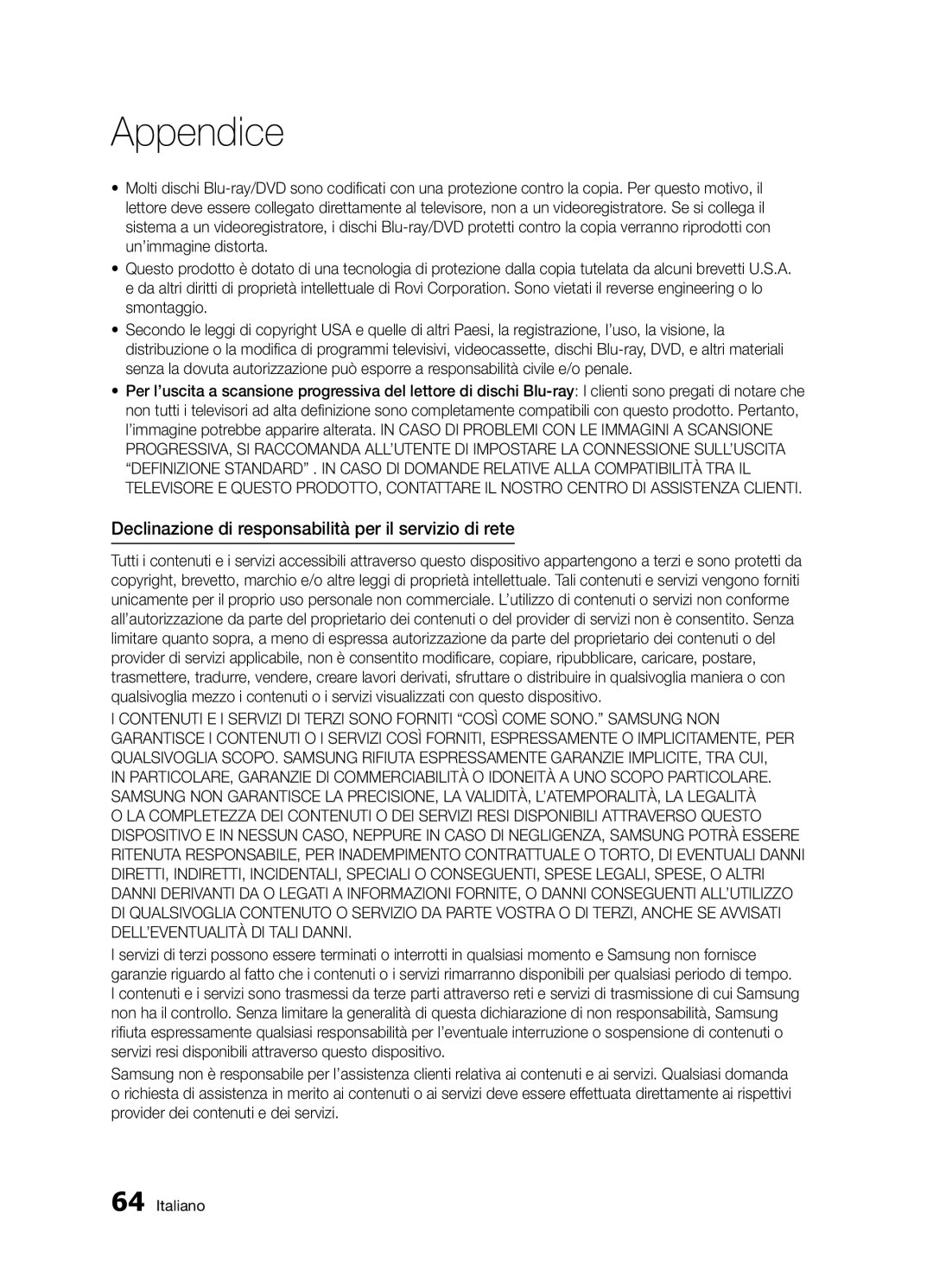 Samsung BD-D5300/ZF manual Declinazione di responsabilità per il servizio di rete 