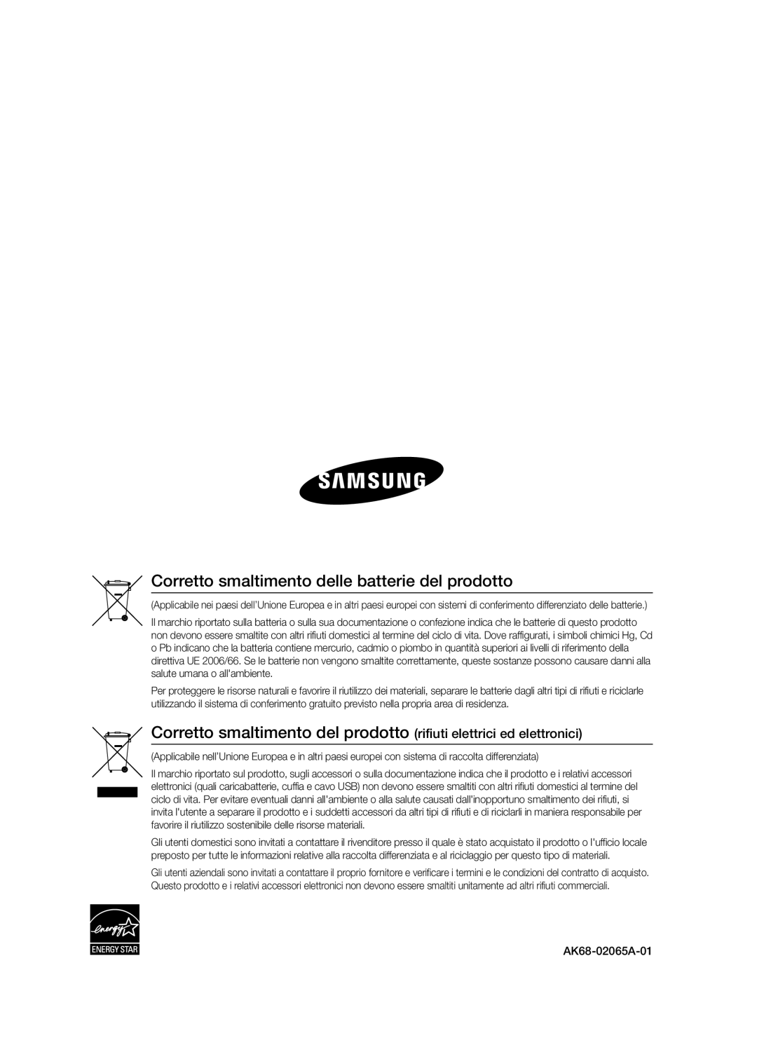 Samsung BD-D5300/ZF manual Corretto smaltimento delle batterie del prodotto 