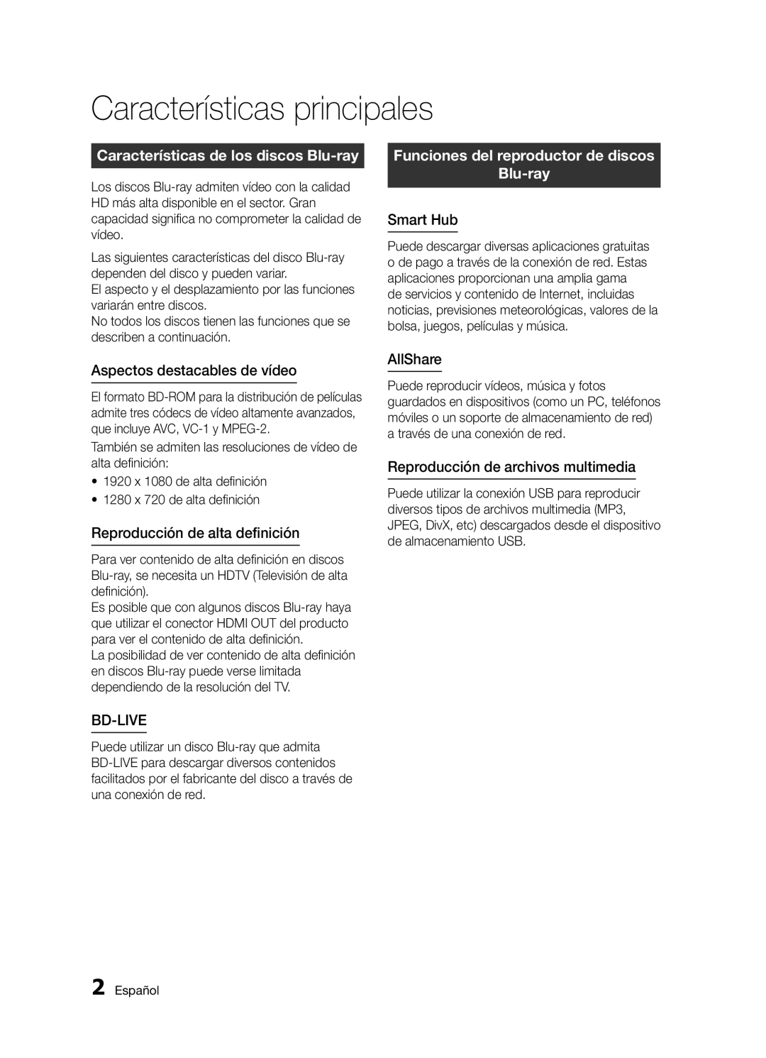 Samsung BD-D5300/ZF manual Características principales, Características de los discos Blu-ray 