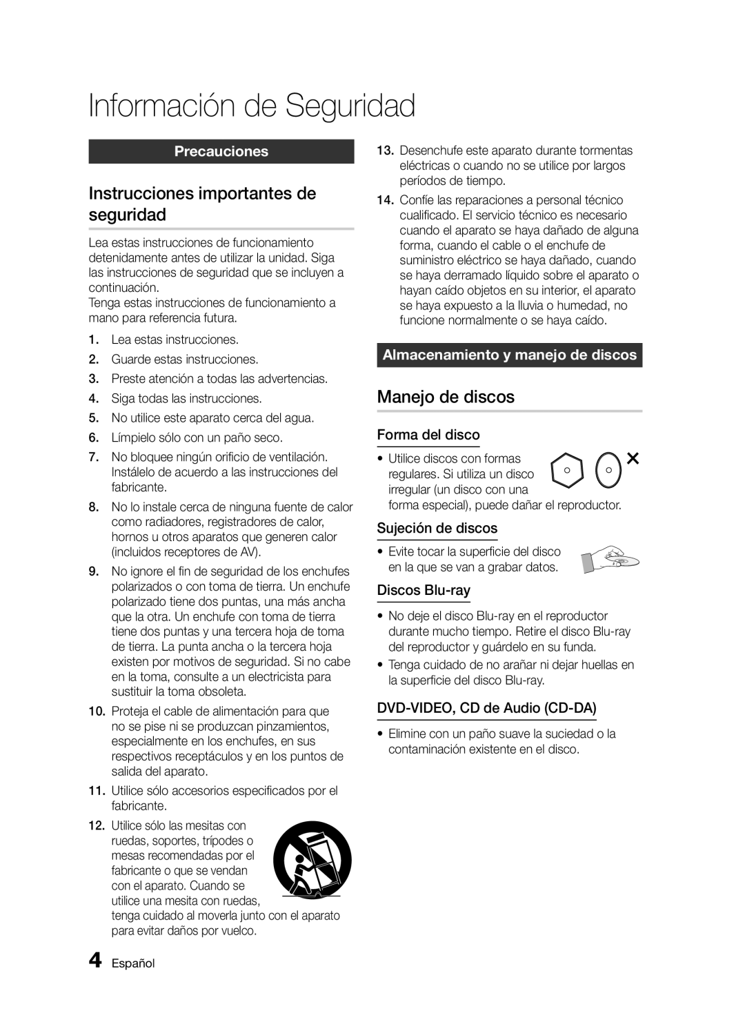 Samsung BD-D5300/ZF manual Instrucciones importantes de seguridad, Manejo de discos, Precauciones 