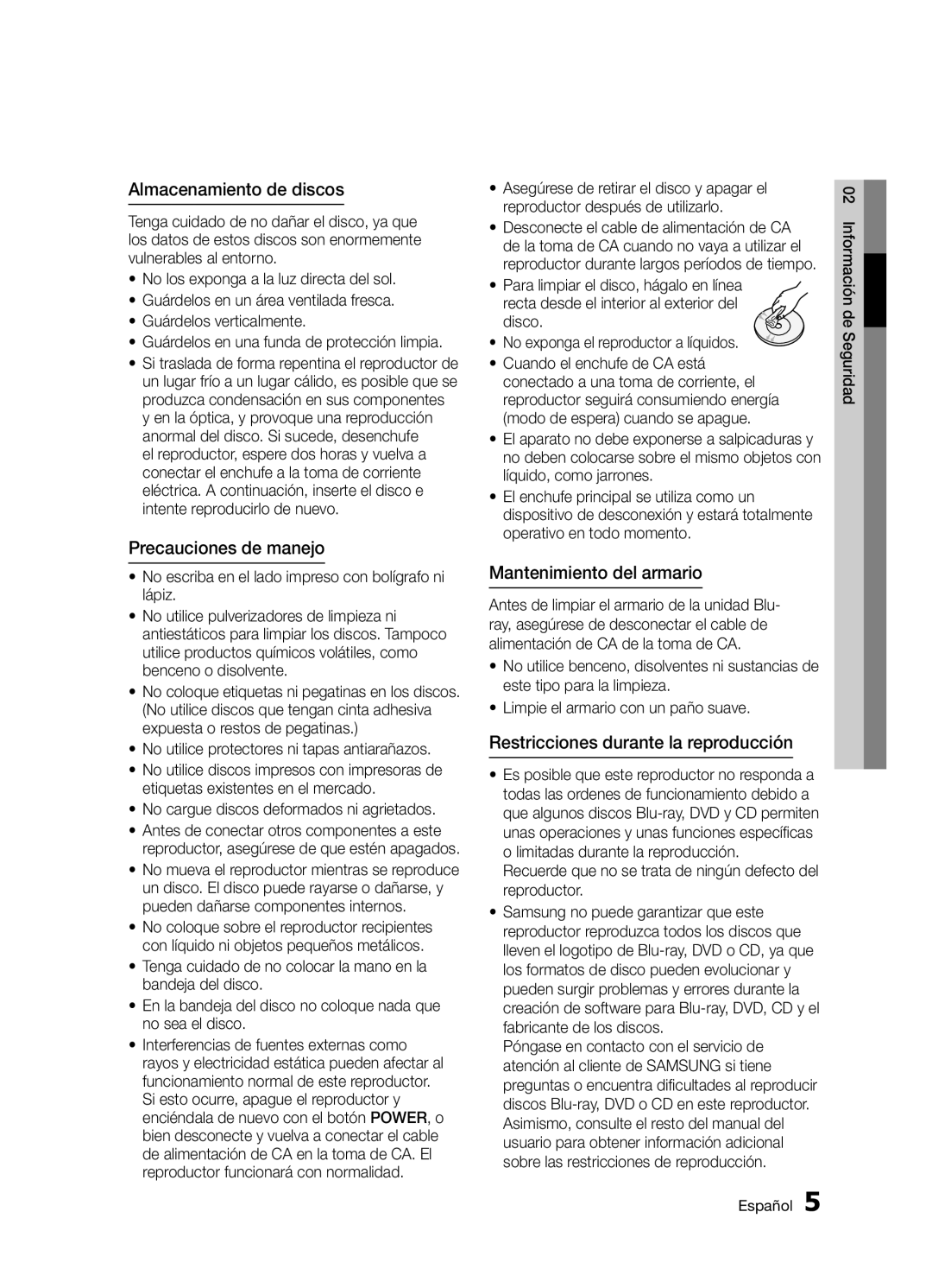 Samsung BD-D5300/ZF manual Almacenamiento de discos, Precauciones de manejo, Mantenimiento del armario 