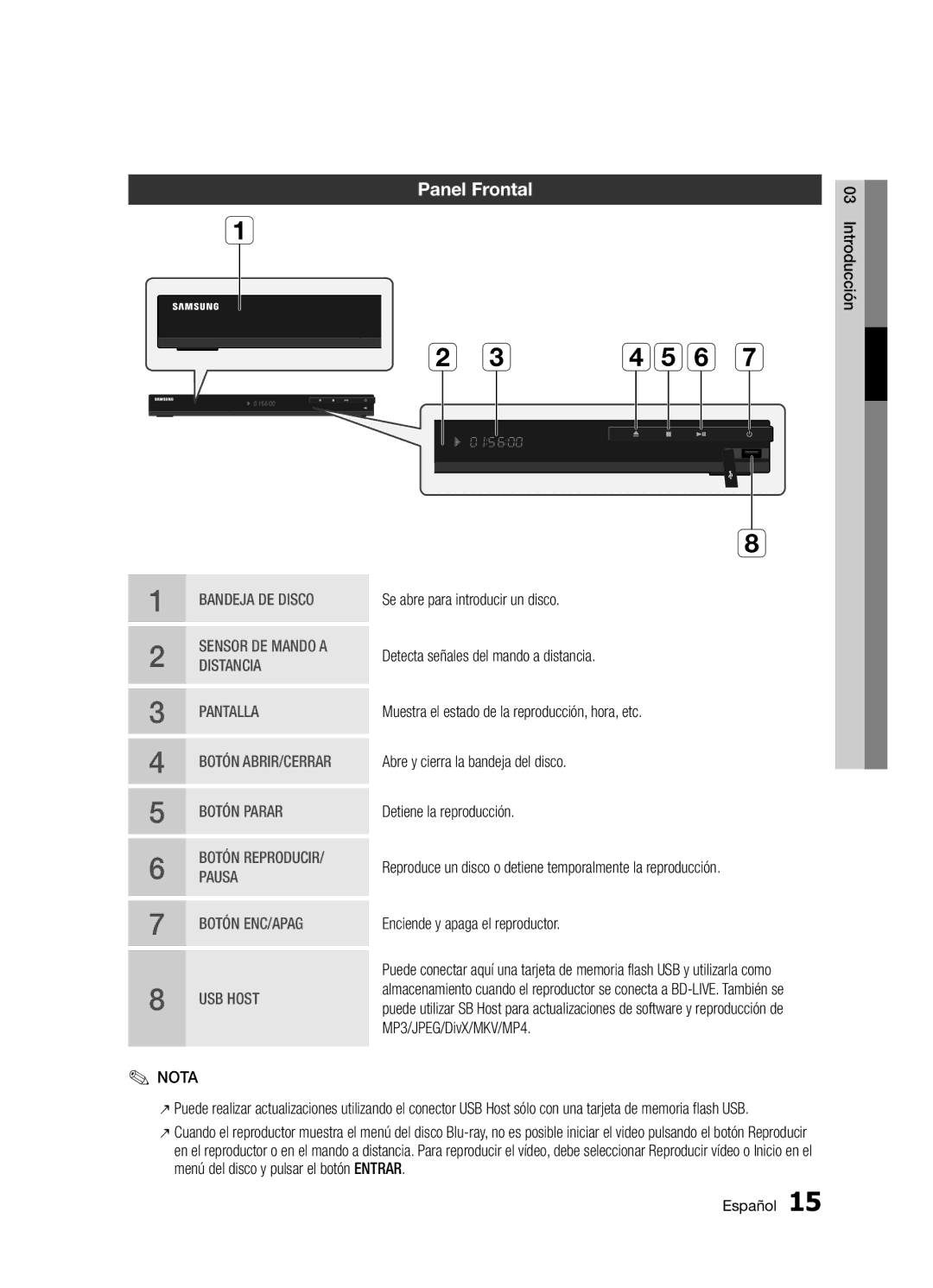 Samsung BD-D5300/ZF manual Panel Frontal, MP3/JPEG/DivX/MKV/MP4 