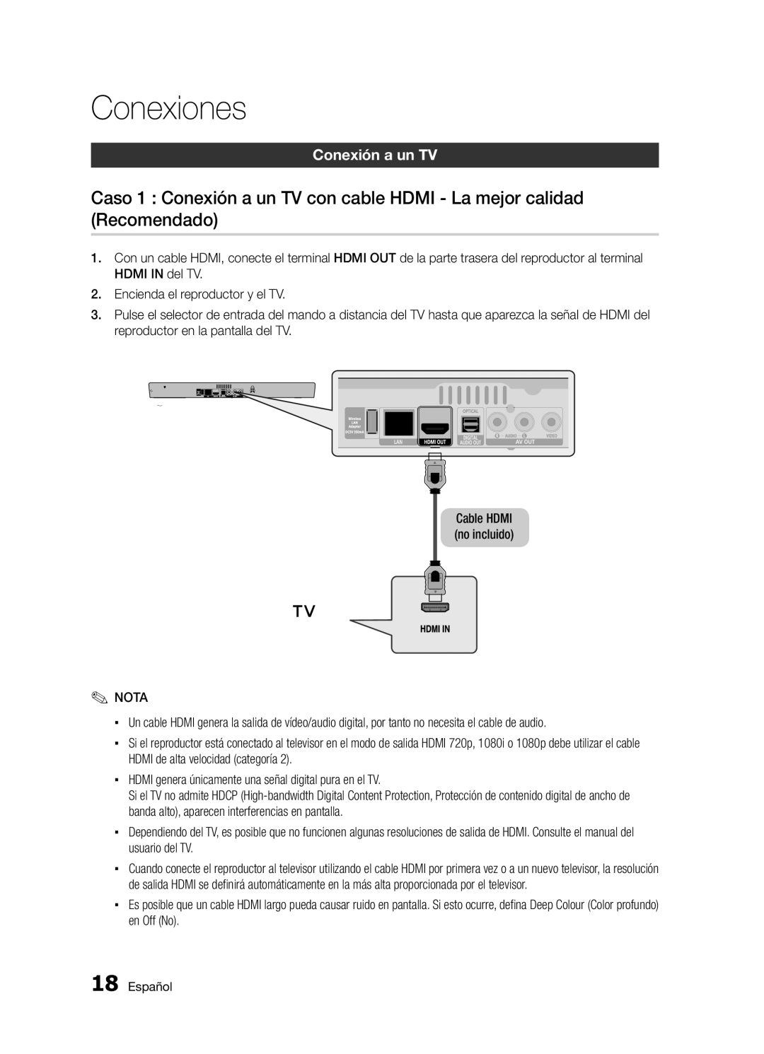 Samsung BD-D5300/ZF manual Conexiones, Conexión a un TV, Cable Hdmi no incluido 