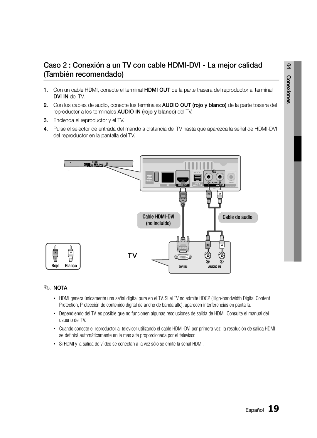 Samsung BD-D5300/ZF manual Cable HDMI-DVI No incluido, Cable de audio, Conexiones, Rojo Blanco 