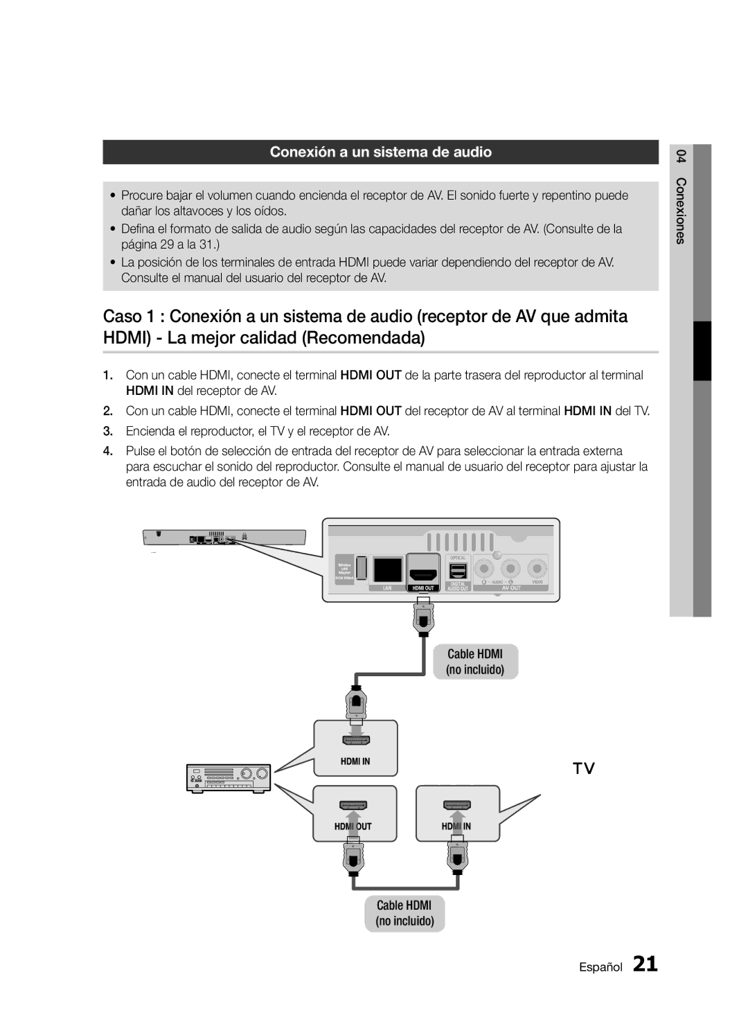 Samsung BD-D5300/ZF manual Conexión a un sistema de audio, Conexiones Español 