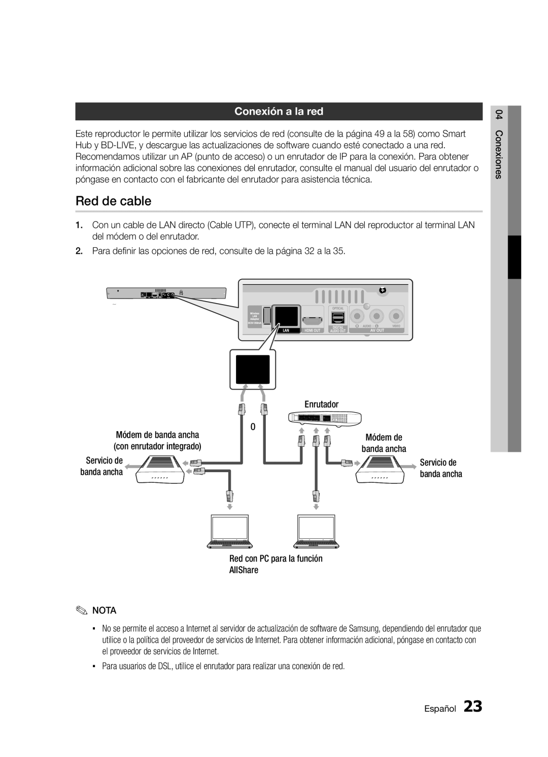 Samsung BD-D5300/ZF manual Red de cable, Conexión a la red, Con enrutador integrado, Red con PC para la función AllShare 