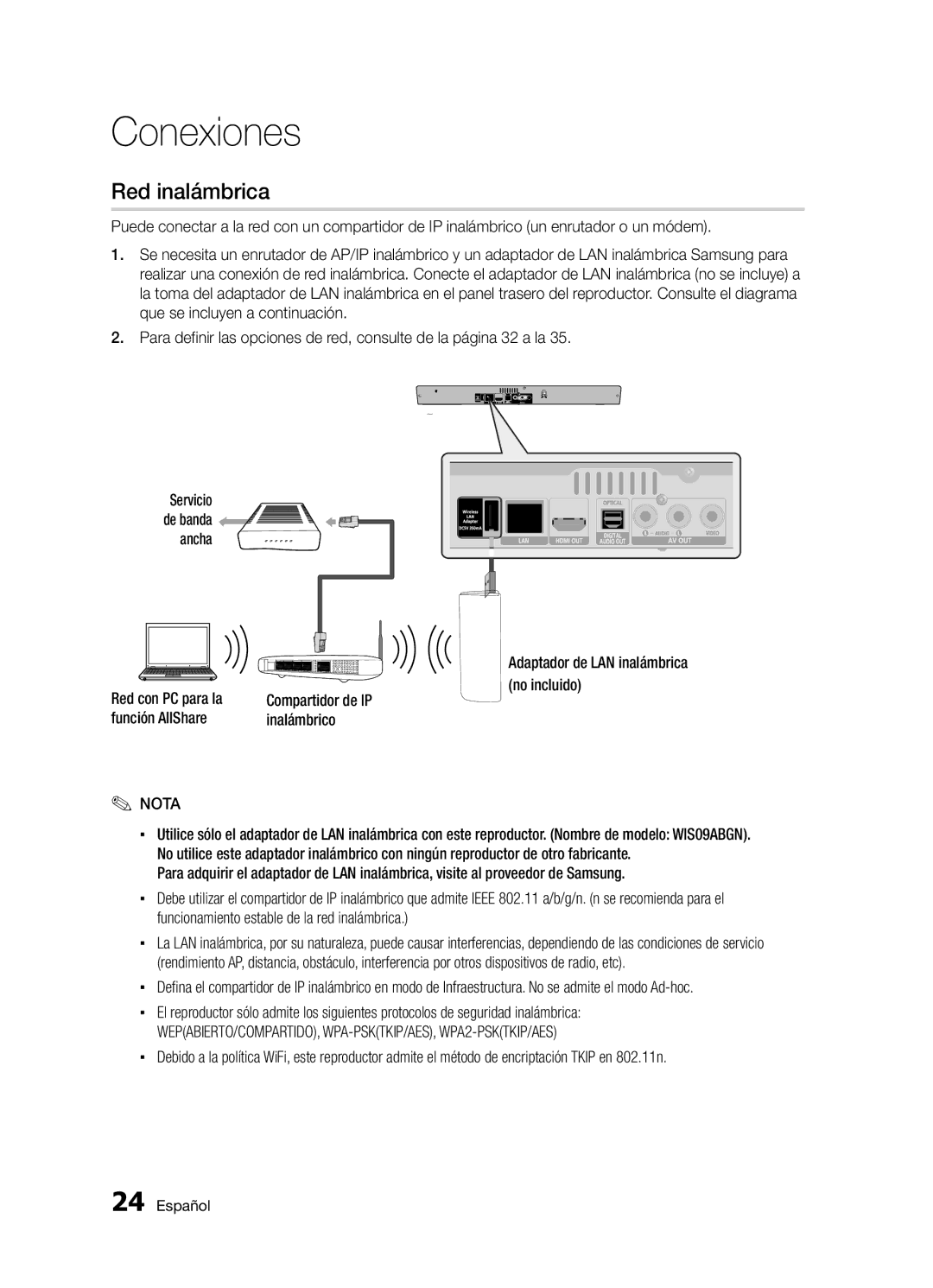 Samsung BD-D5300/ZF manual Red inalámbrica, Servicio de banda ancha 