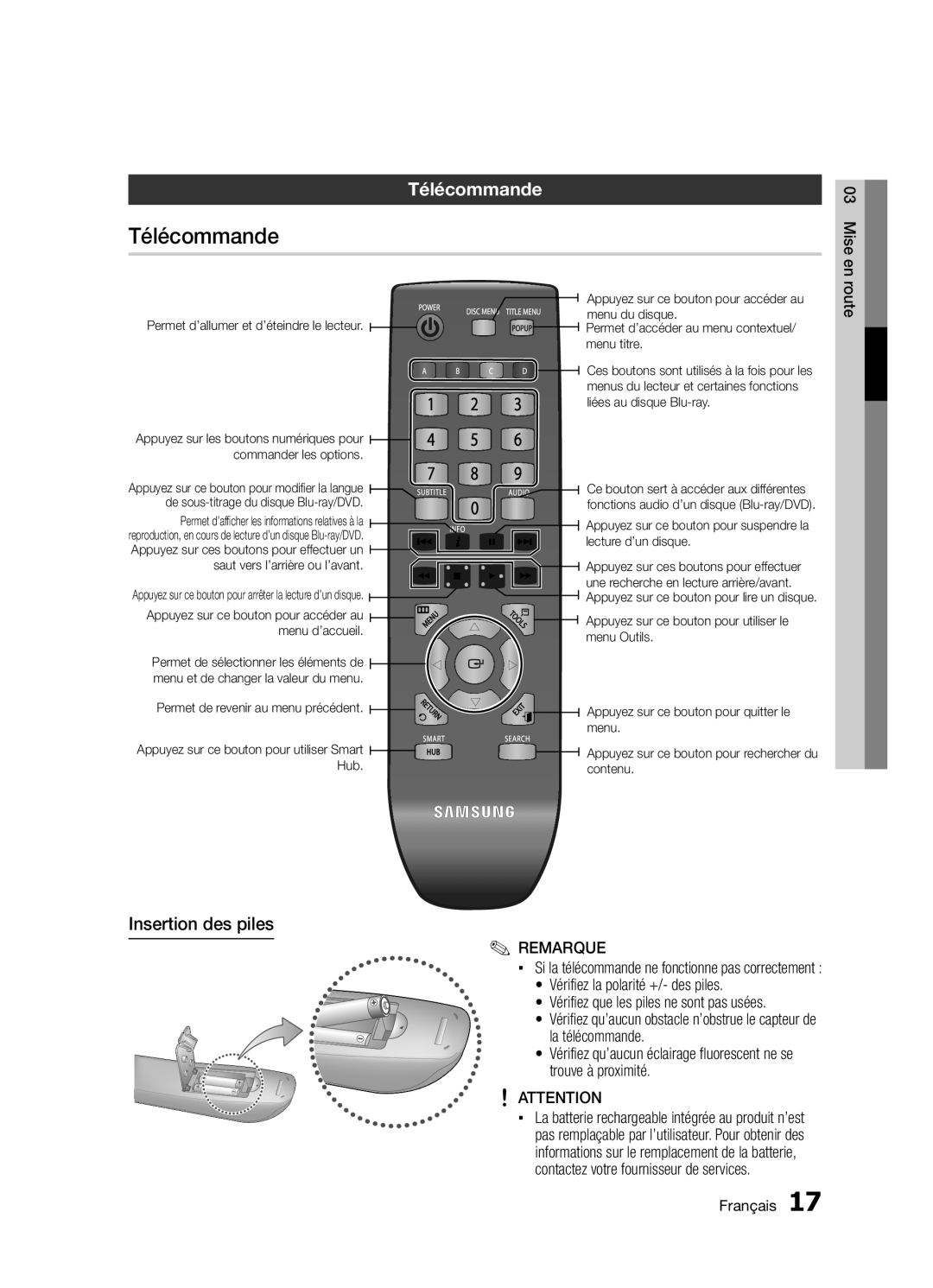 Samsung BD-D5300/ZF manual Télécommande, Insertion des piles, Mise en, Route 