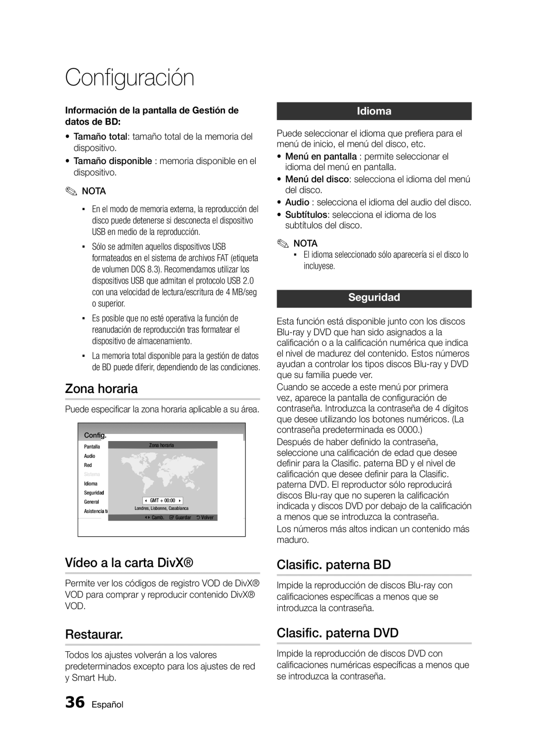 Samsung BD-D5300/ZF manual Zona horaria, Vídeo a la carta DivX, Clasific. paterna BD, Restaurar, Clasific. paterna DVD 