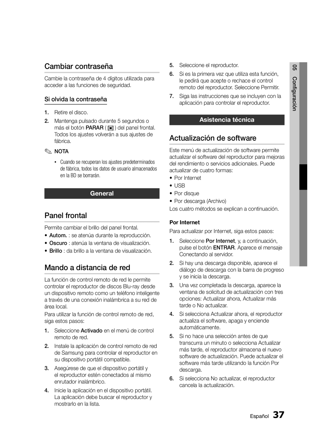 Samsung BD-D5300/ZF manual Cambiar contraseña, Panel frontal, Mando a distancia de red, Actualización de software 