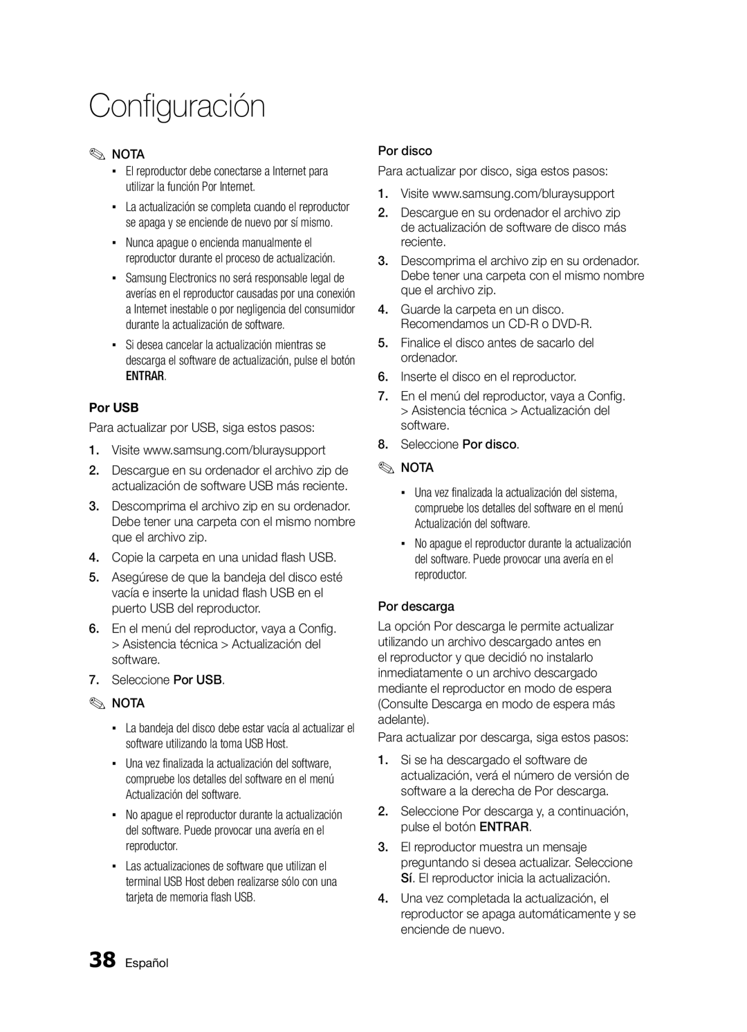 Samsung BD-D5300/ZF manual Por USB, Para actualizar por USB, siga estos pasos, Por descarga 