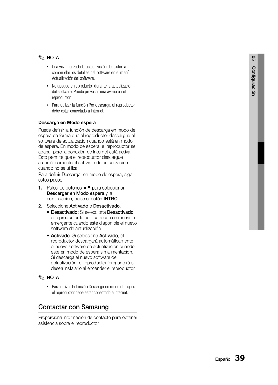 Samsung BD-D5300/ZF manual Contactar con Samsung, Descarga en Modo espera, Seleccione Activado o Desactivado 