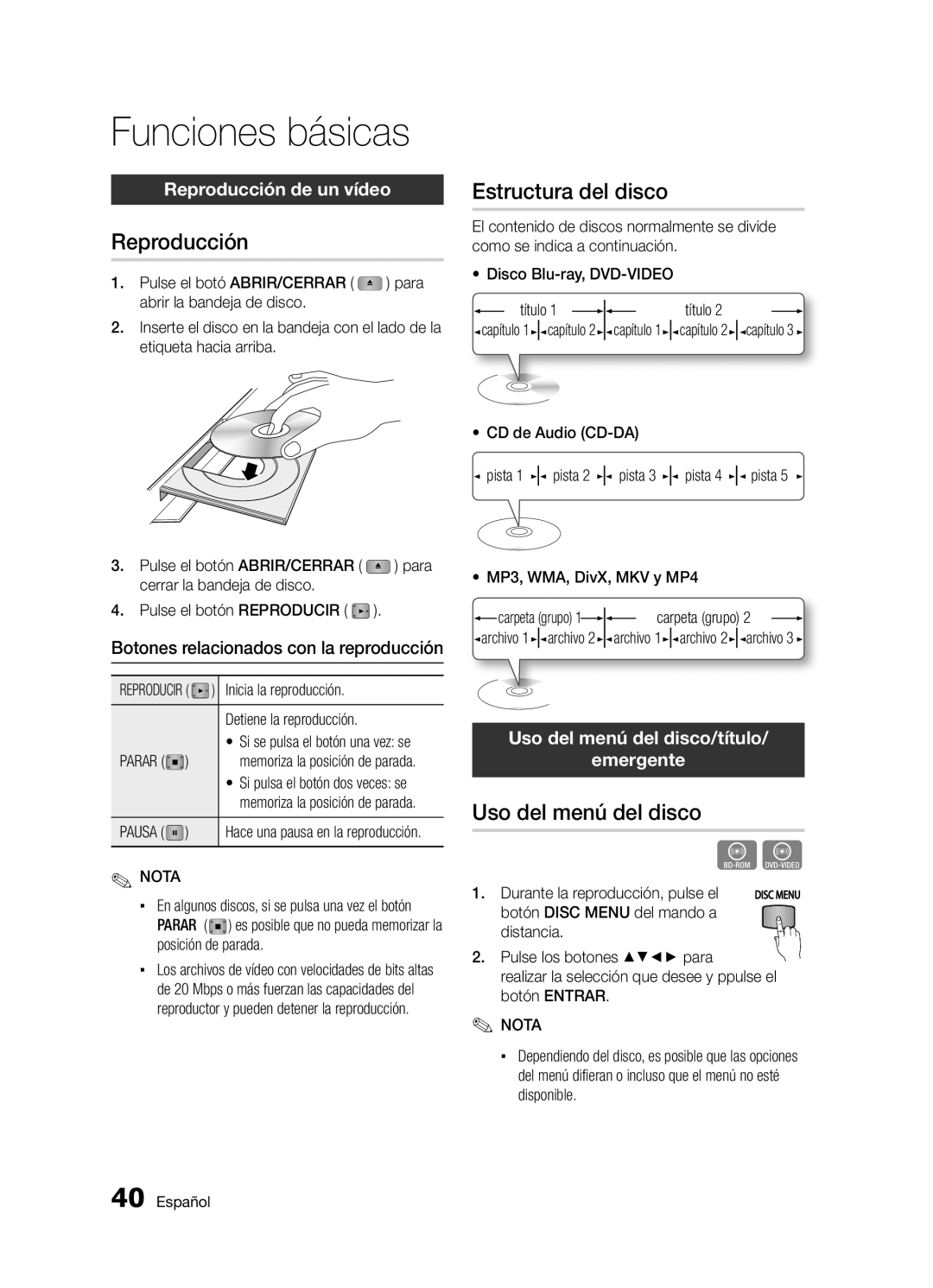 Samsung BD-D5300/ZF manual Funciones básicas, Reproducción, Estructura del disco, Uso del menú del disco 