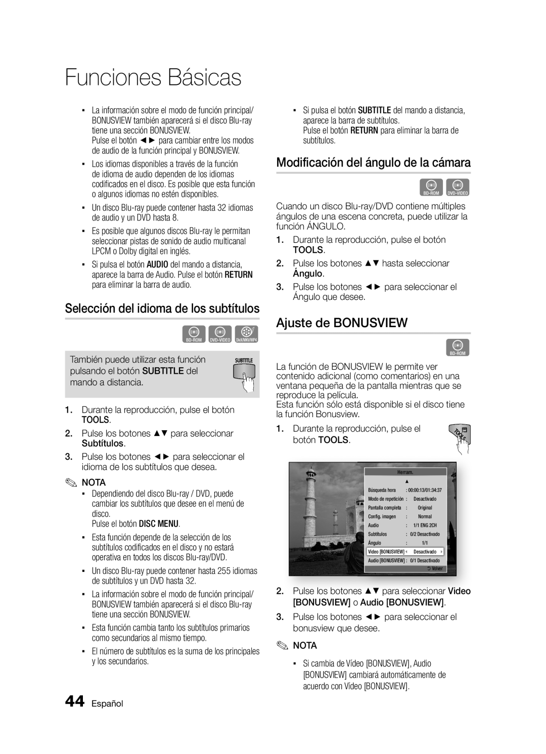 Samsung BD-D5300/ZF manual Modificación del ángulo de la cámara, Ajuste de Bonusview 