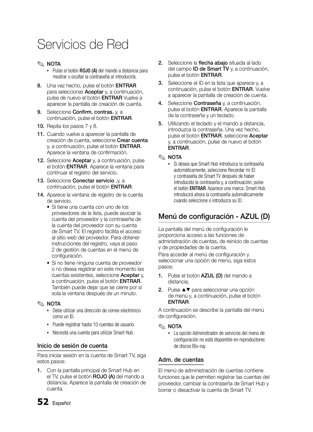 Samsung BD-D5300/ZF manual Menú de configuración Azul D, Inicio de sesión de cuenta, Adm. de cuentas 