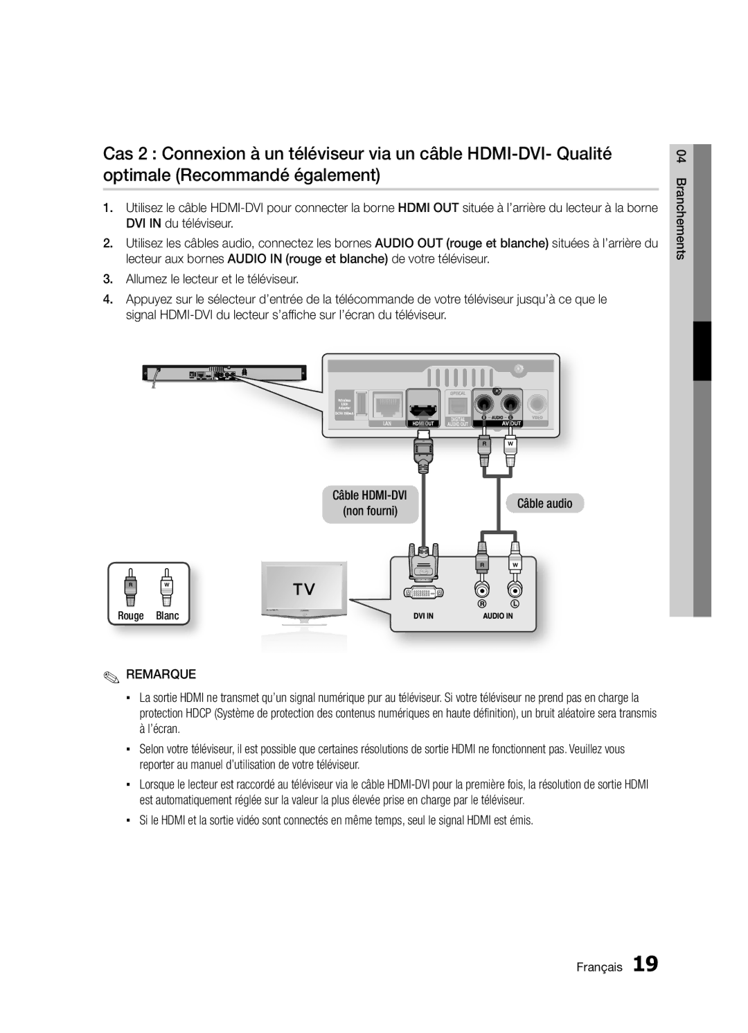 Samsung BD-D5300/ZF manual Branchements, Rouge Blanc 