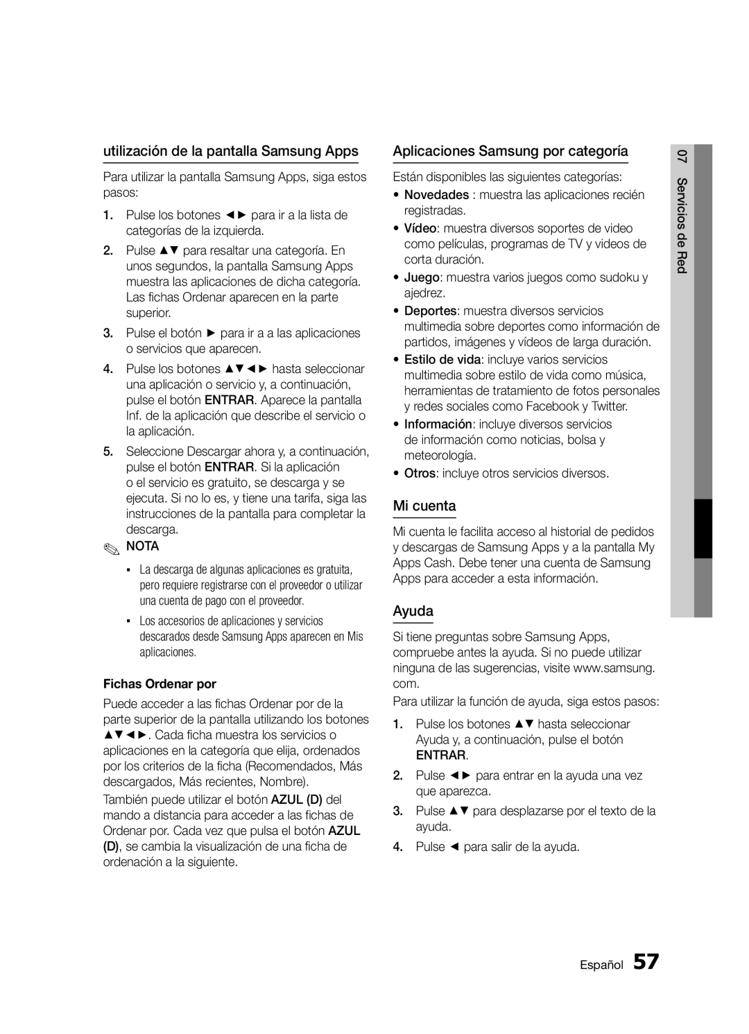 Samsung BD-D5300/ZF manual Utilización de la pantalla Samsung Apps, Aplicaciones Samsung por categoría, Mi cuenta, Ayuda 