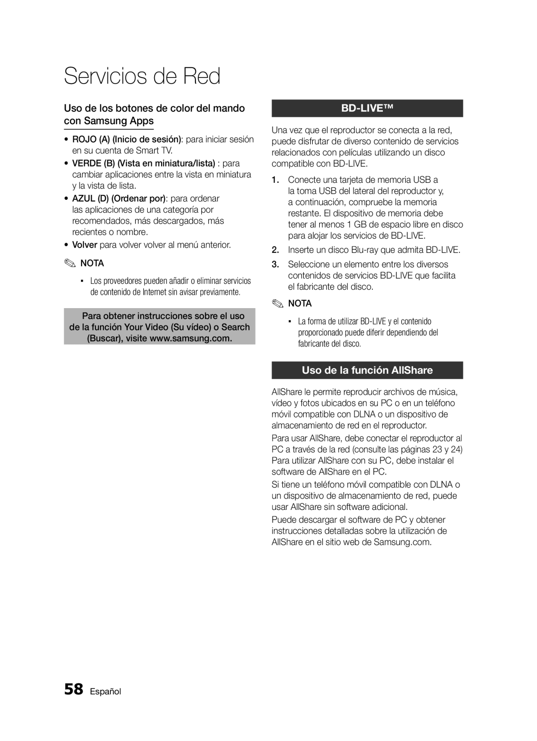 Samsung BD-D5300/ZF manual Uso de los botones de color del mando con Samsung Apps, Uso de la función AllShare 