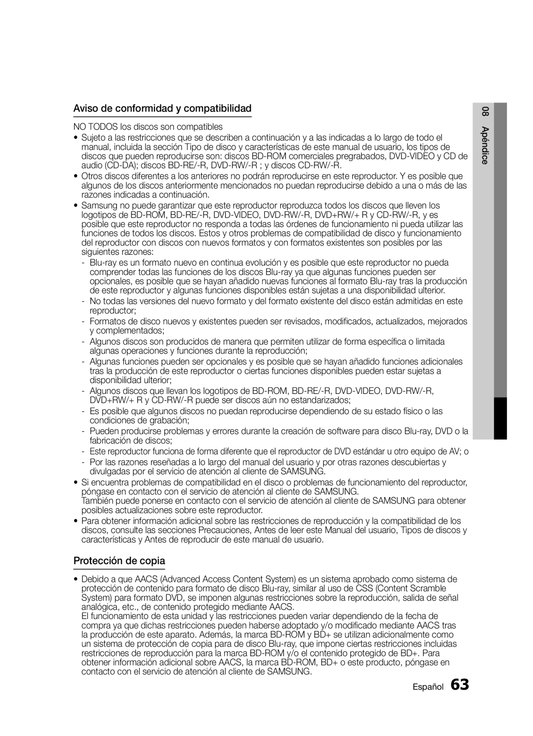 Samsung BD-D5300/ZF manual Aviso de conformidad y compatibilidad, Protección de copia, Español 08 Apéndice 