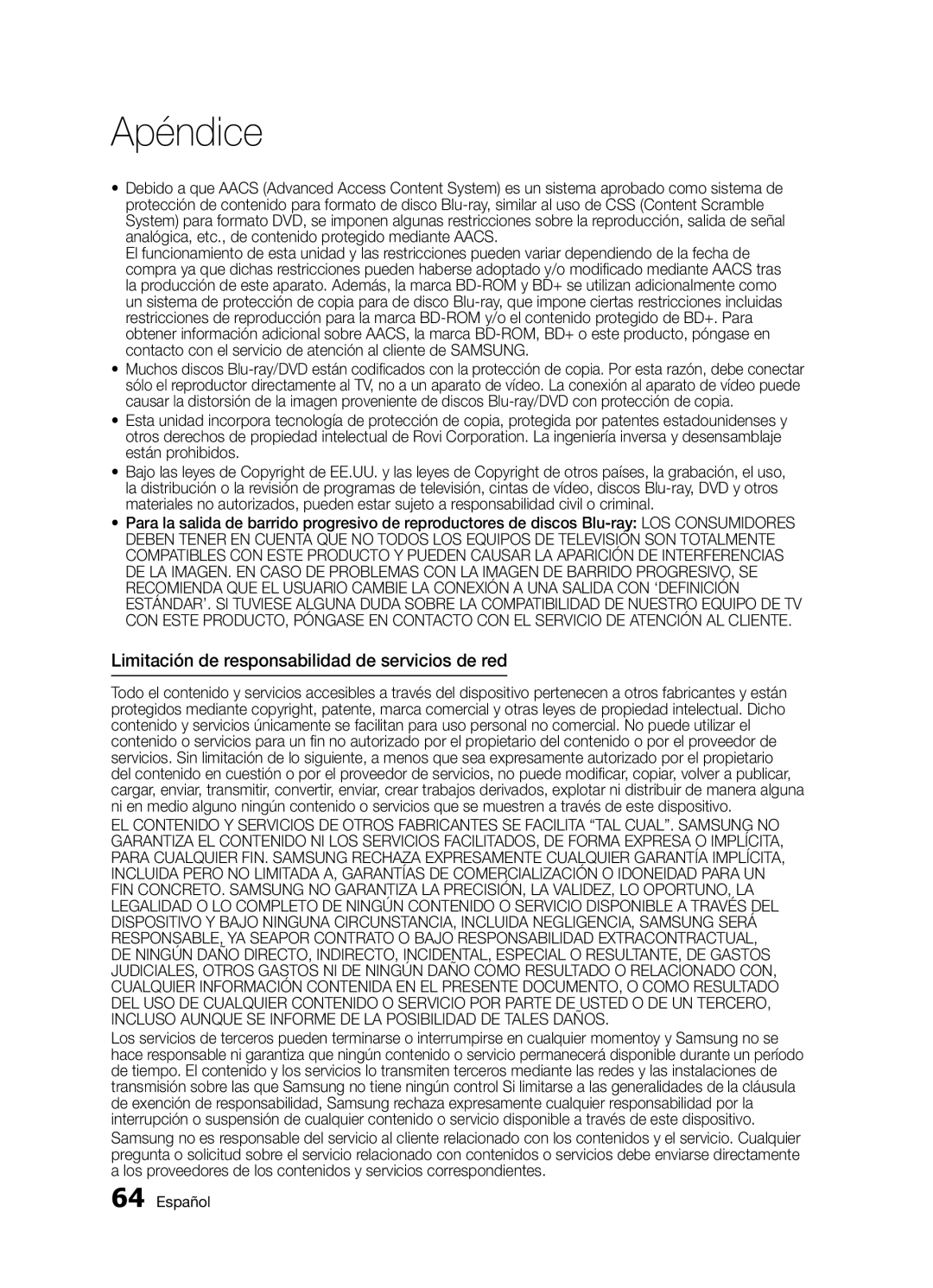 Samsung BD-D5300/ZF manual Limitación de responsabilidad de servicios de red 