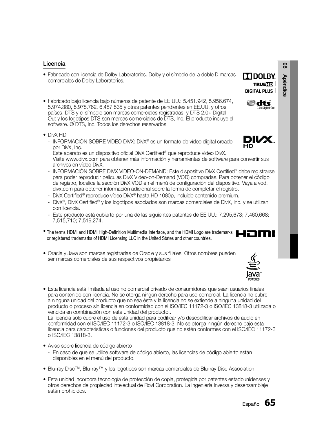 Samsung BD-D5300/ZF manual Licencia, 08 Apéndice Español 