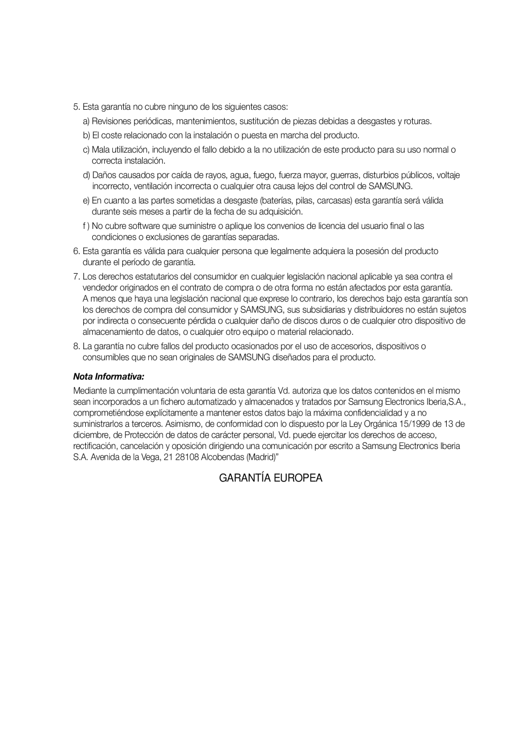 Samsung BD-D5300/ZF manual Garantía Europea 