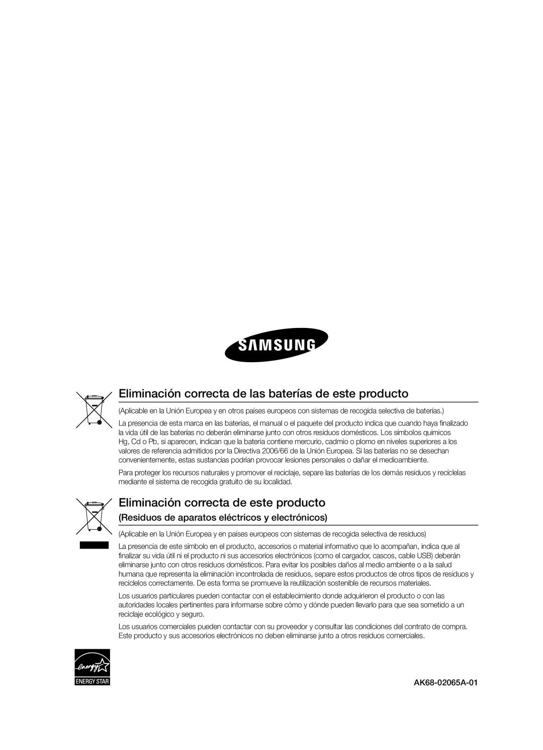 Samsung BD-D5300/ZF manual Eliminación correcta de las baterías de este producto 