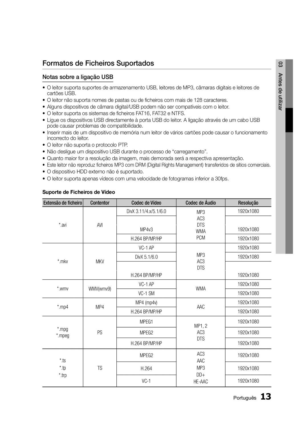 Samsung BD-D5300/ZF manual Formatos de Ficheiros Suportados, Notas sobre a ligação USB, Suporte de Ficheiros de Vídeo 