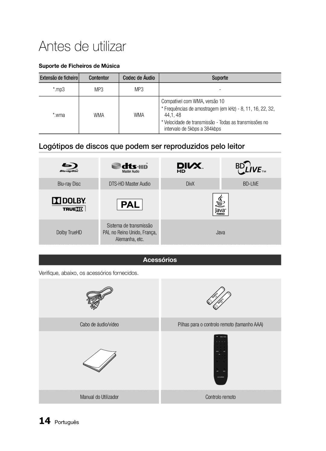 Samsung BD-D5300/ZF Logótipos de discos que podem ser reproduzidos pelo leitor, Acessórios, Suporte de Ficheiros de Música 