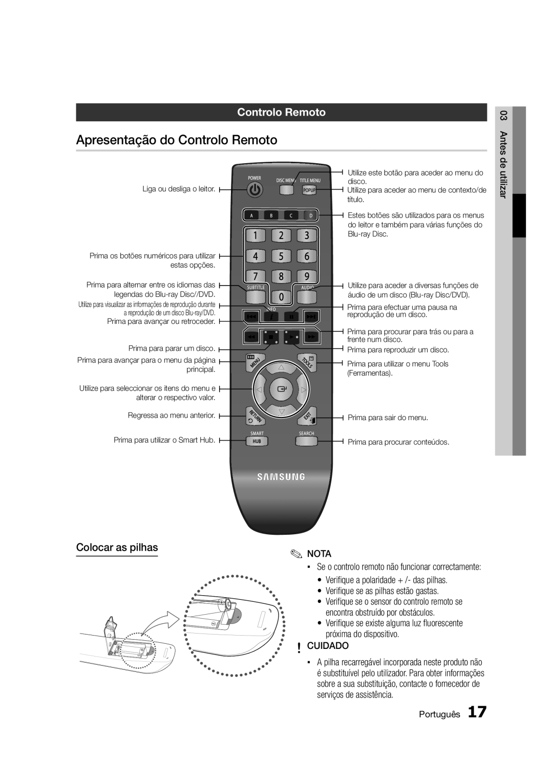 Samsung BD-D5300/ZF manual Apresentação do Controlo Remoto, Colocar as pilhas, Cuidado 