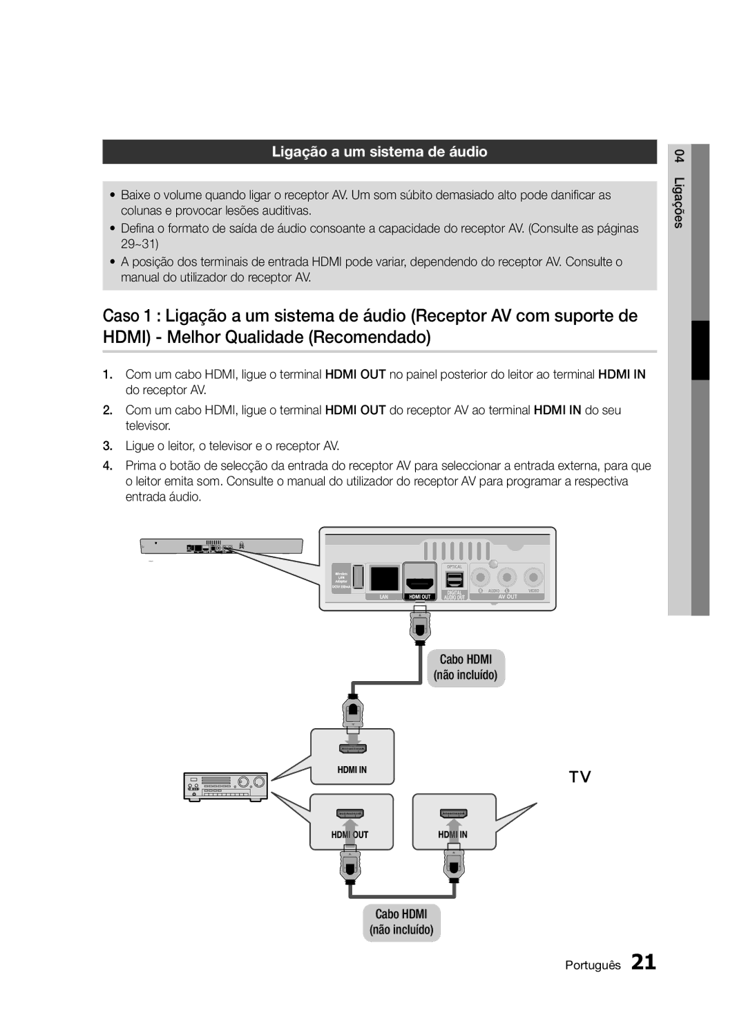 Samsung BD-D5300/ZF manual Ligação a um sistema de áudio, Ligações Português, Cabo Hdmi não incluído 