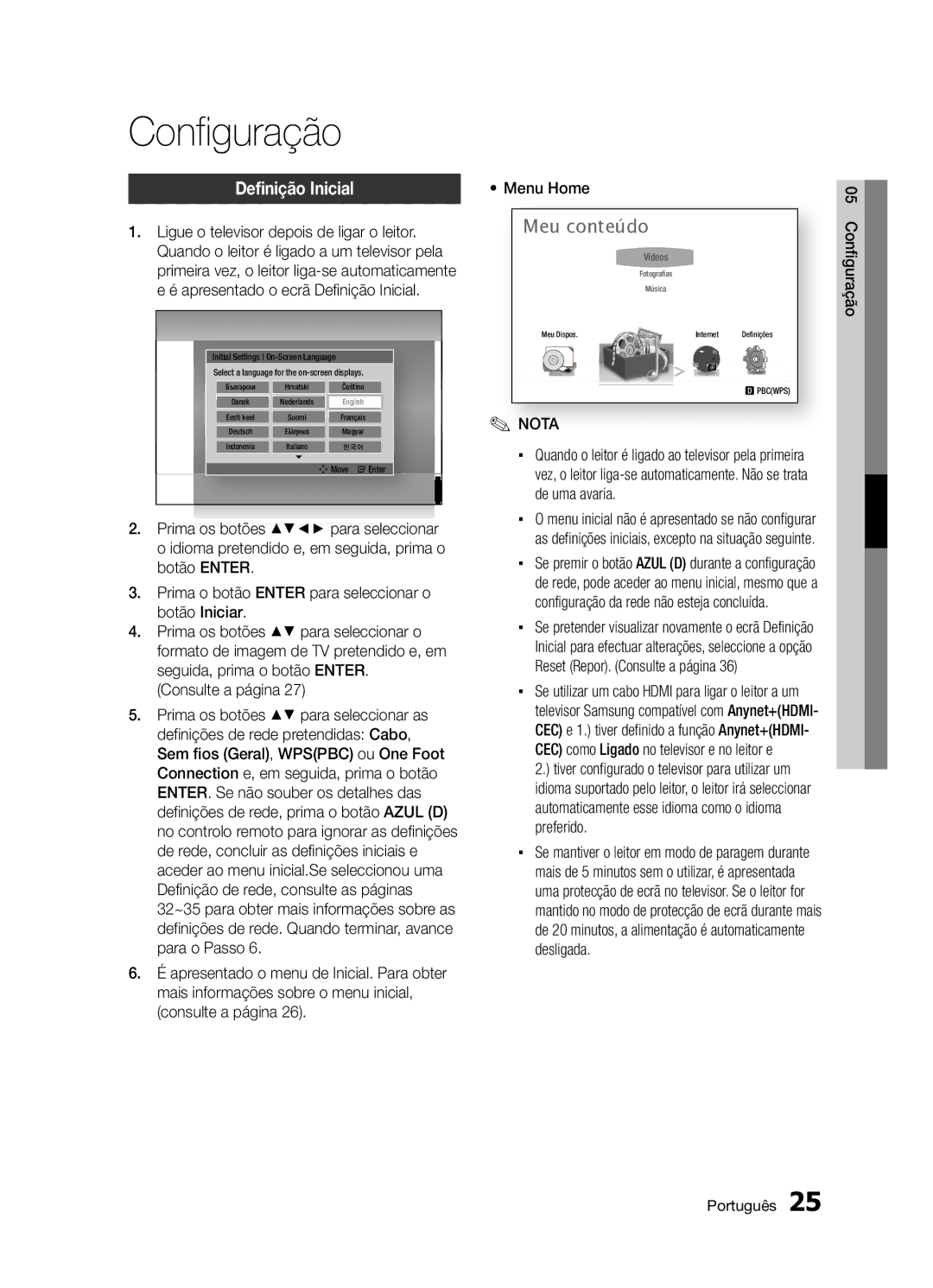 Samsung BD-D5300/ZF manual Definição Inicial, Configuração Português 