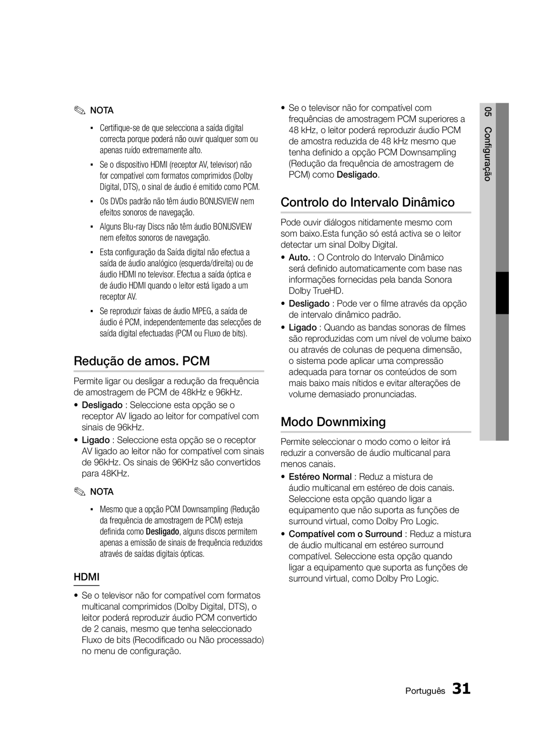 Samsung BD-D5300/ZF manual Redução de amos. PCM, Controlo do Intervalo Dinâmico 