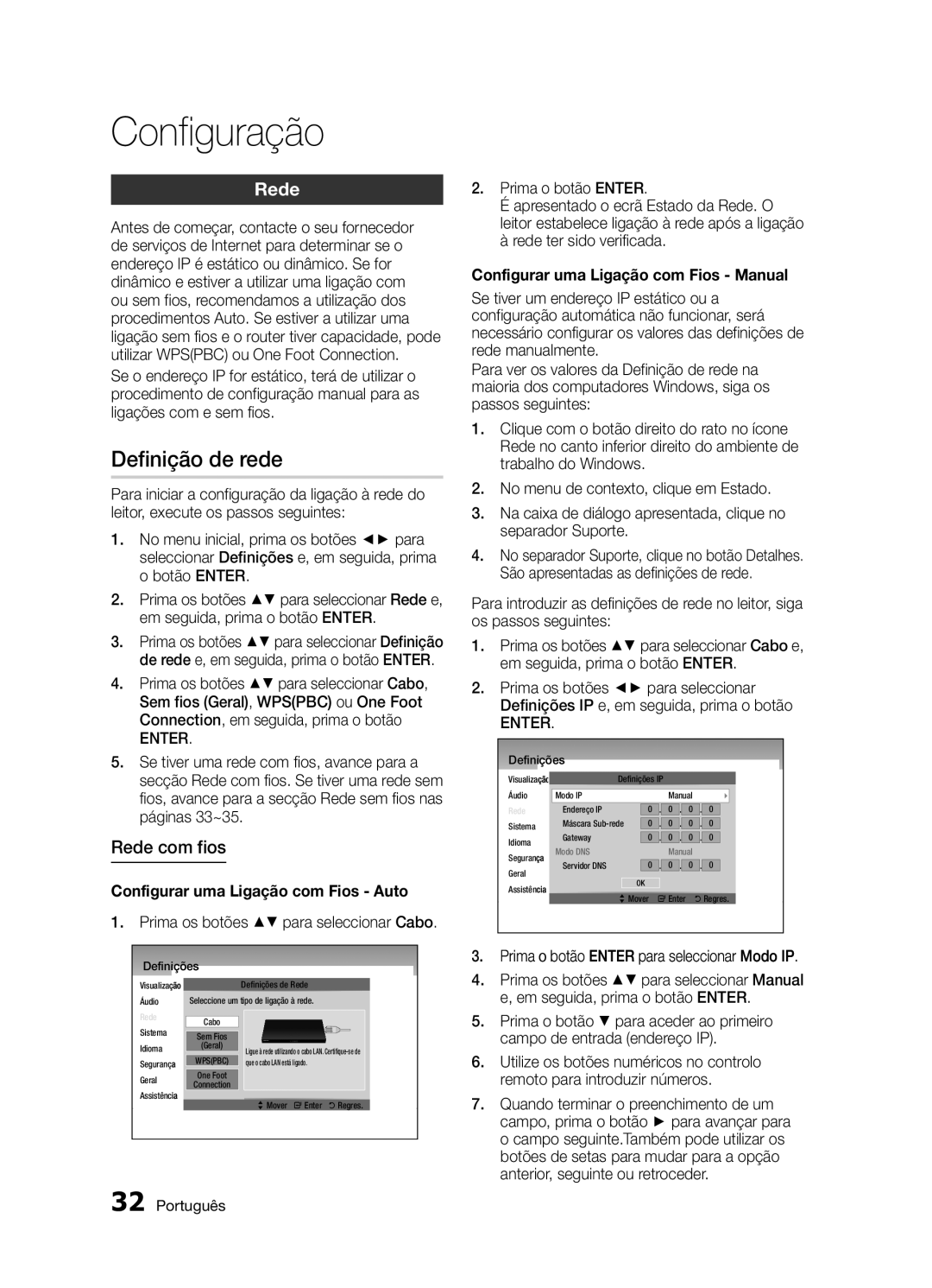 Samsung BD-D5300/ZF manual Definição de rede, Rede com fios, Configurar uma Ligação com Fios Auto 