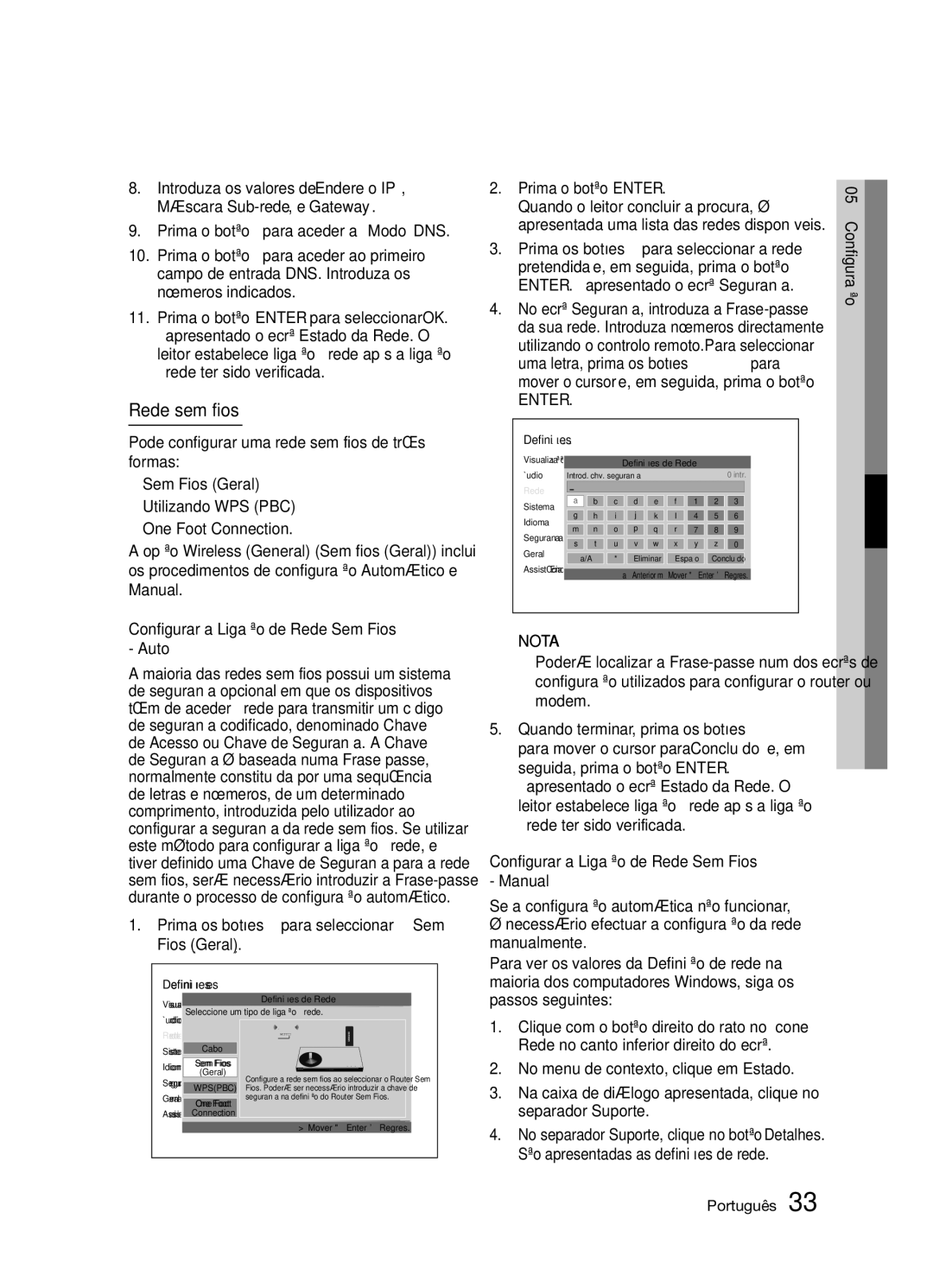 Samsung BD-D5300/ZF manual Rede sem fios, Configurar a Ligação de Rede Sem Fios Auto, Prima o botão Enter 