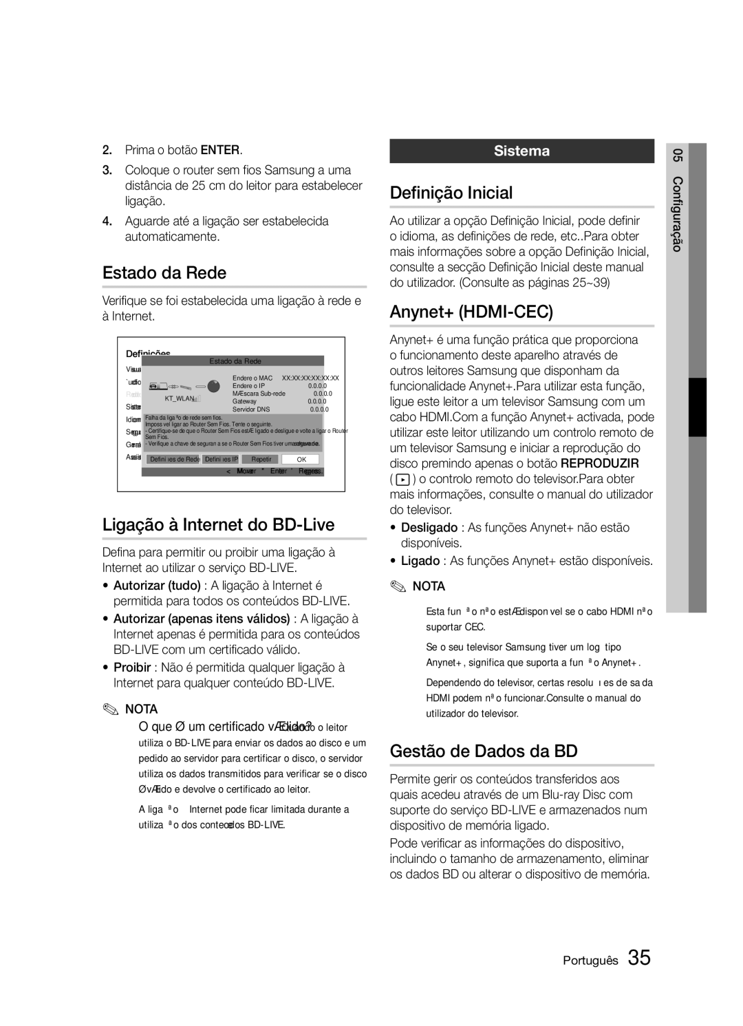 Samsung BD-D5300/ZF manual Estado da Rede, Ligação à Internet do BD-Live, Definição Inicial, Gestão de Dados da BD 