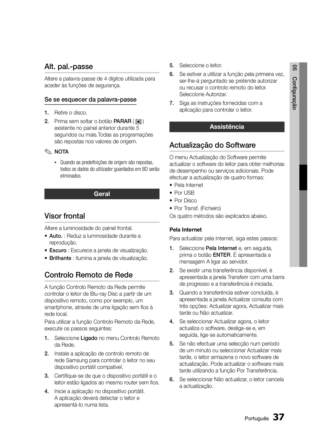 Samsung BD-D5300/ZF manual Alt. pal.-passe, Visor frontal, Controlo Remoto de Rede, Actualização do Software 