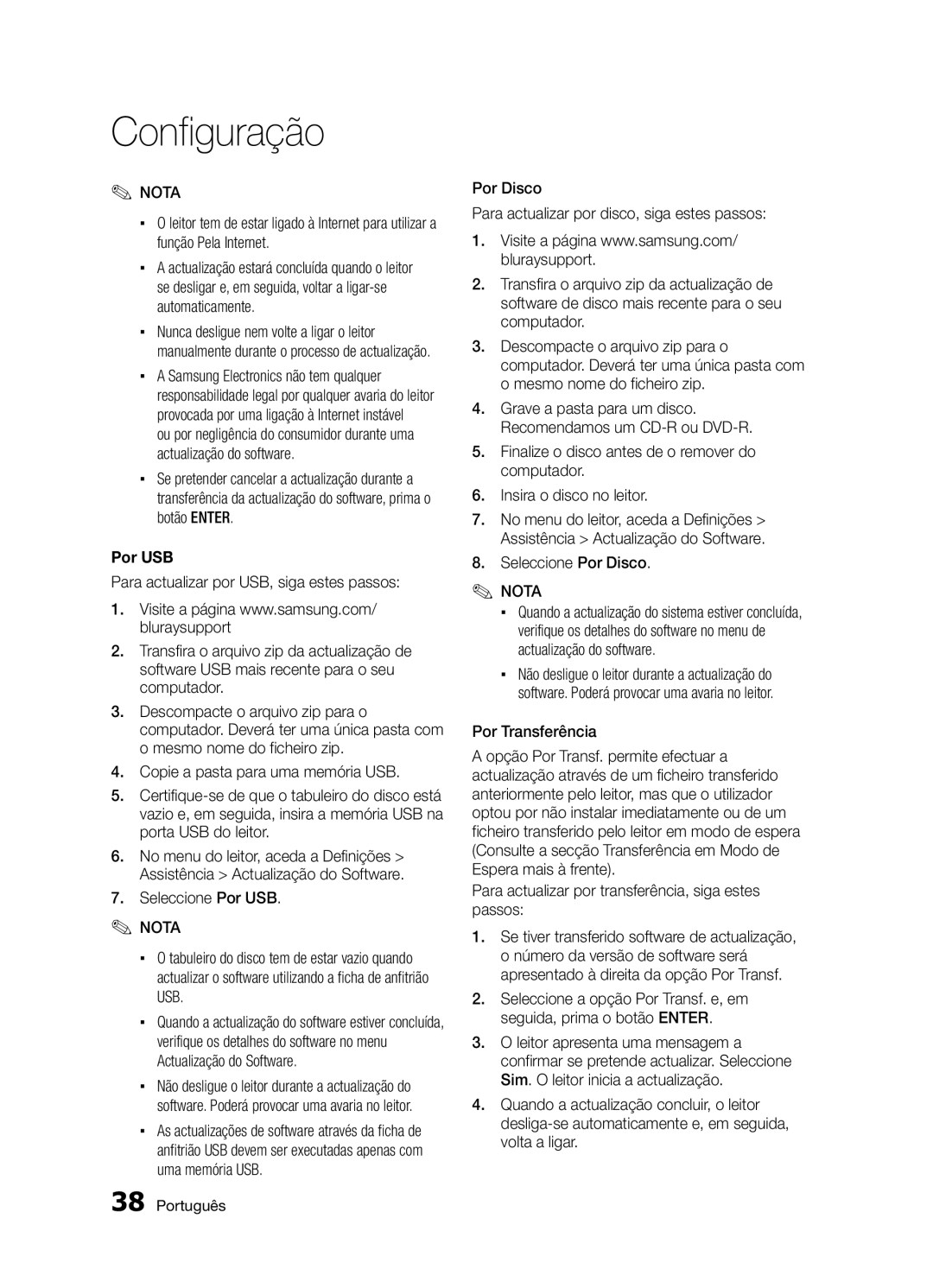 Samsung BD-D5300/ZF manual Por Transferência, Para actualizar por transferência, siga estes passos 