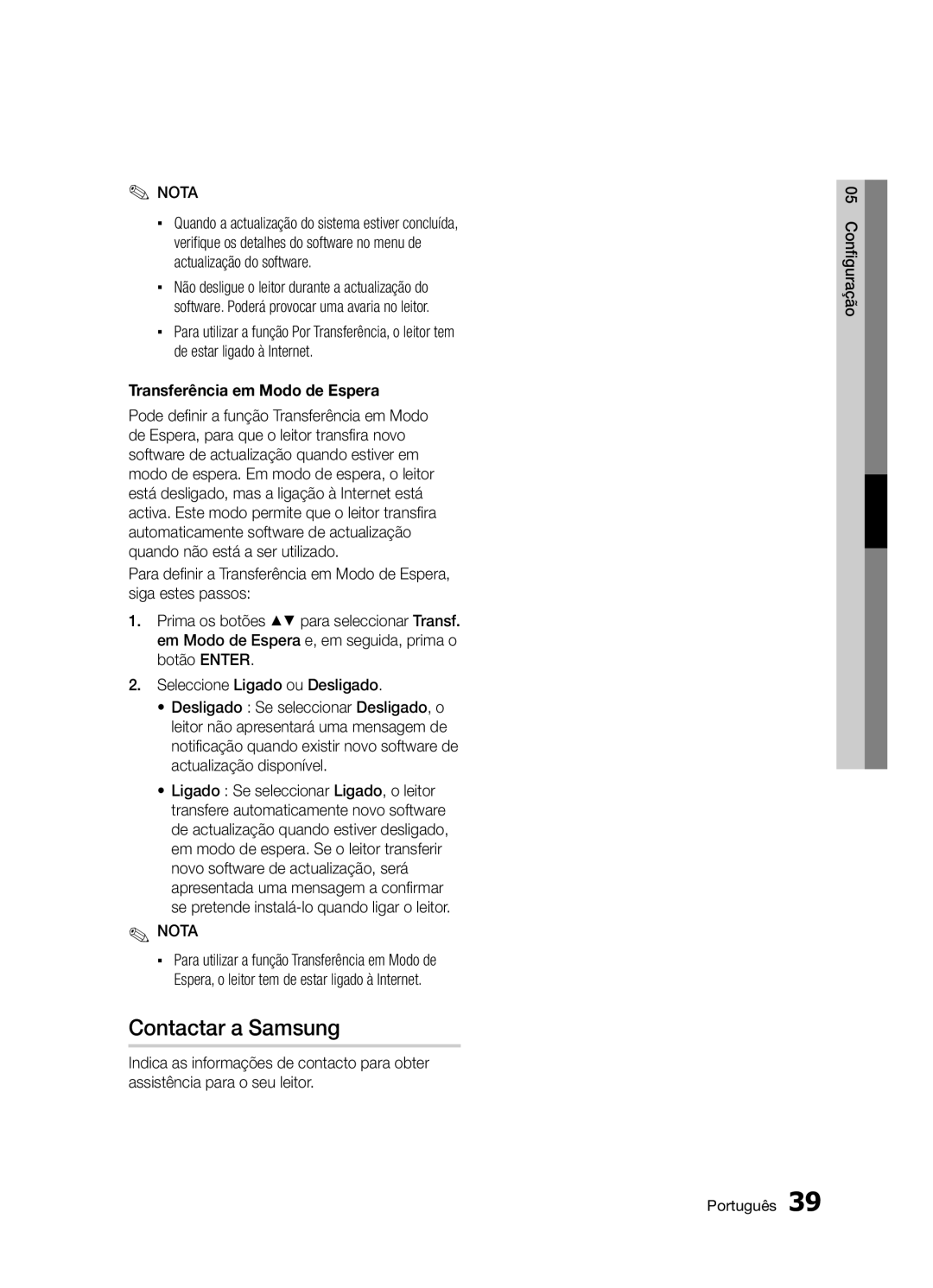 Samsung BD-D5300/ZF manual Contactar a Samsung, Transferência em Modo de Espera 