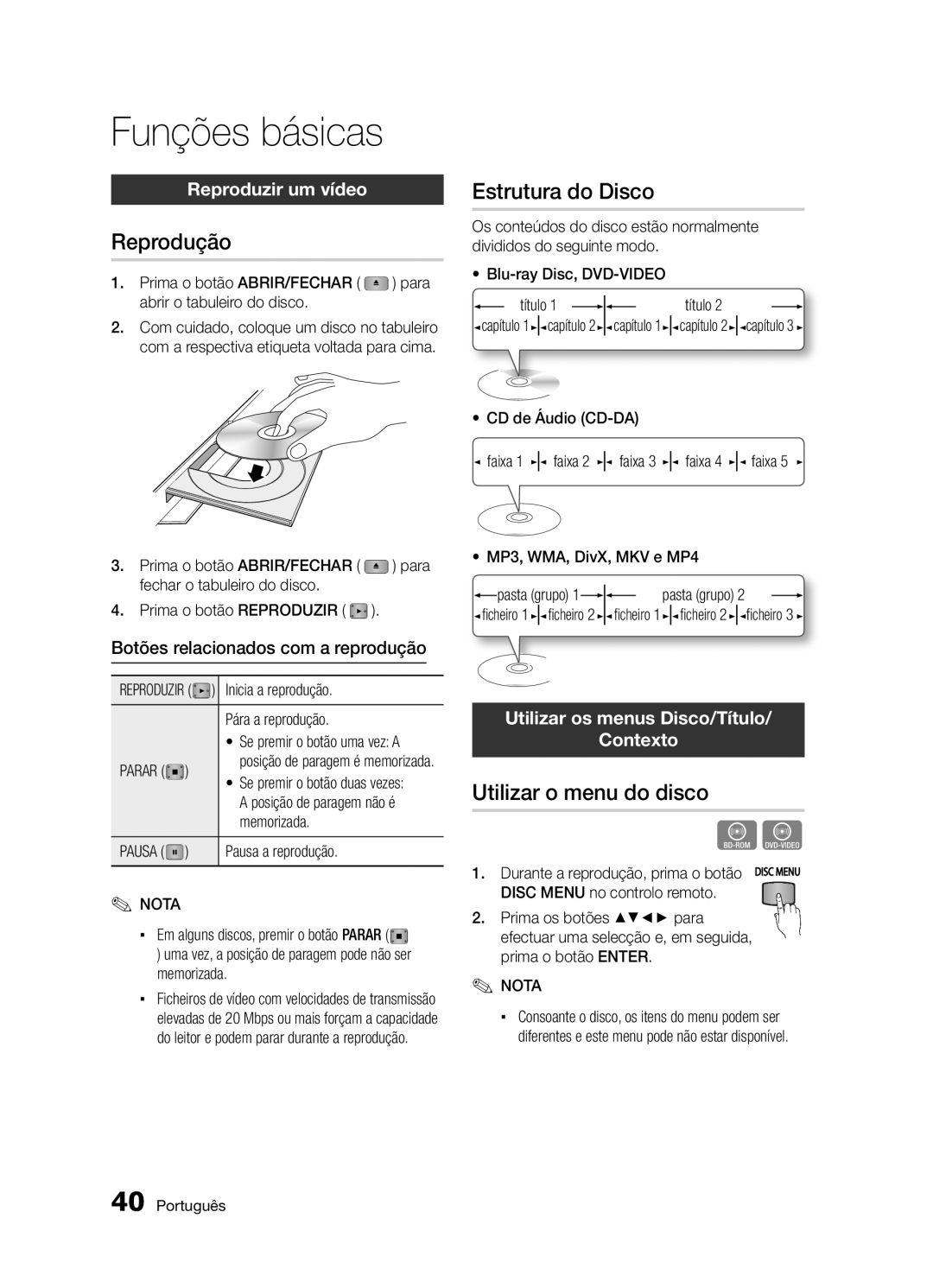 Samsung BD-D5300/ZF manual Funções básicas, Reprodução, Estrutura do Disco, Utilizar o menu do disco 