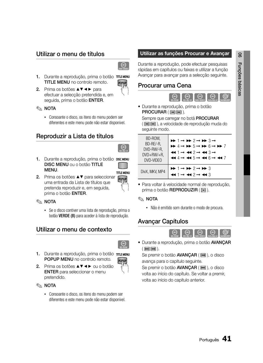 Samsung BD-D5300/ZF manual Utilizar o menu de títulos, Reproduzir a Lista de títulos, Utilizar o menu de contexto 