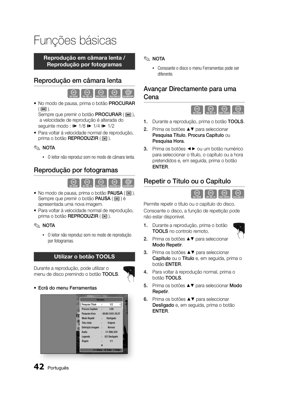 Samsung BD-D5300/ZF manual Reprodução em câmara lenta, Reprodução por fotogramas, Avançar Directamente para uma Cena 