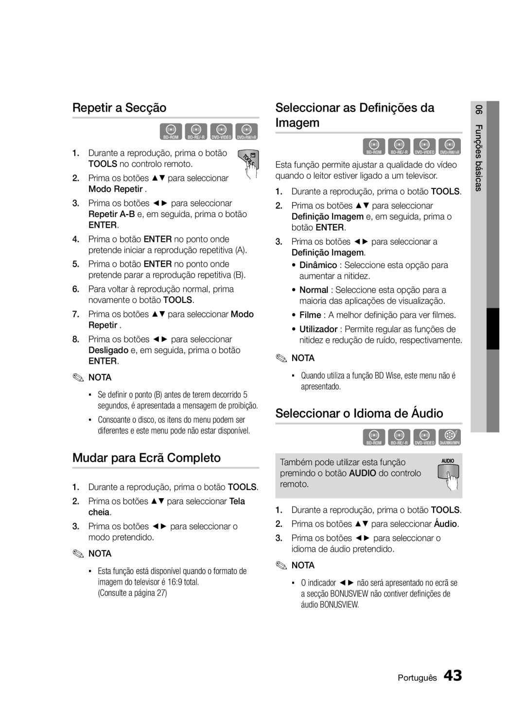 Samsung BD-D5300/ZF manual Repetir a Secção, Mudar para Ecrã Completo, Seleccionar as Definições da Imagem, Enter Nota 