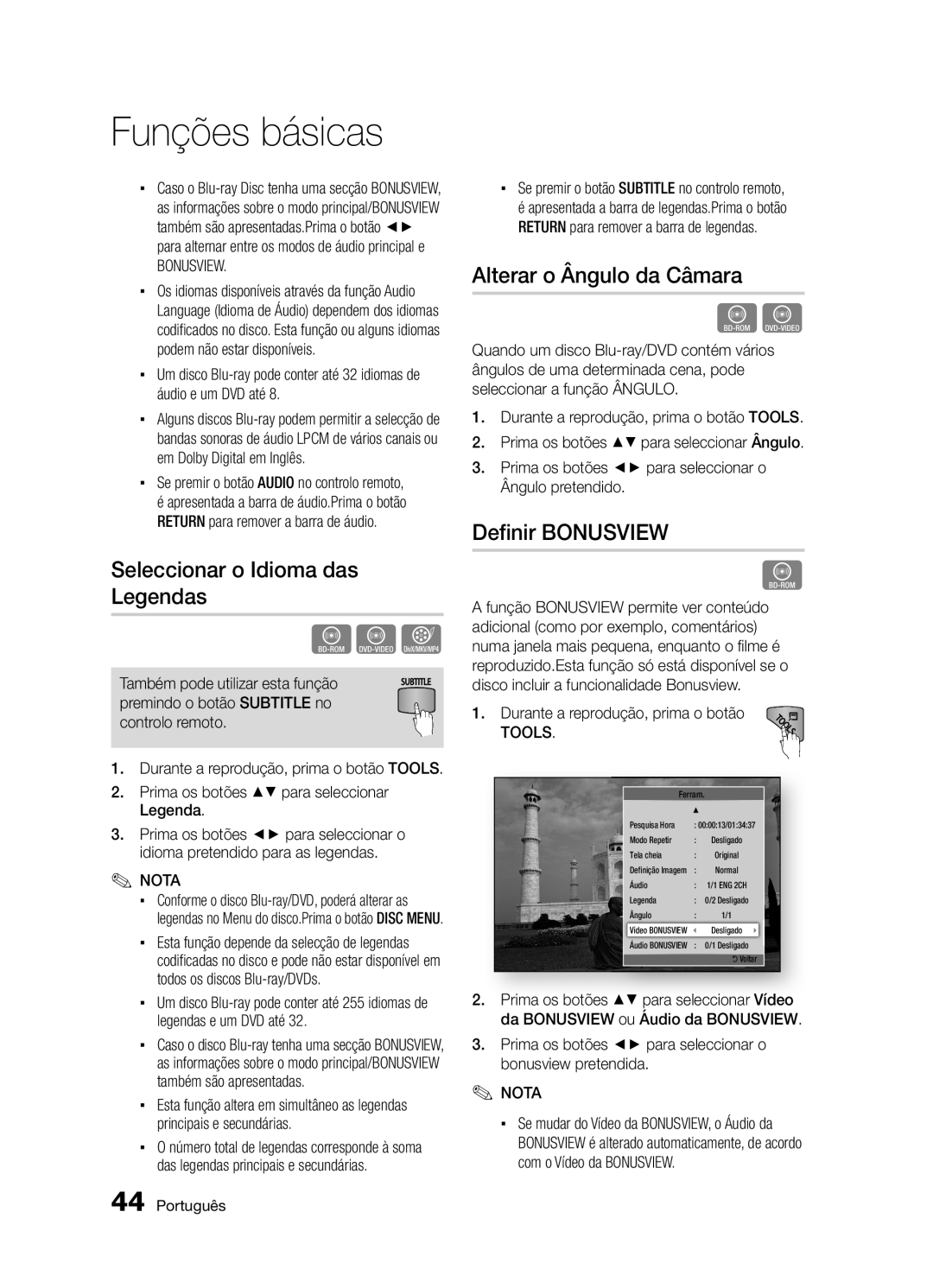 Samsung BD-D5300/ZF manual Seleccionar o Idioma das, Alterar o Ângulo da Câmara, Definir Bonusview 